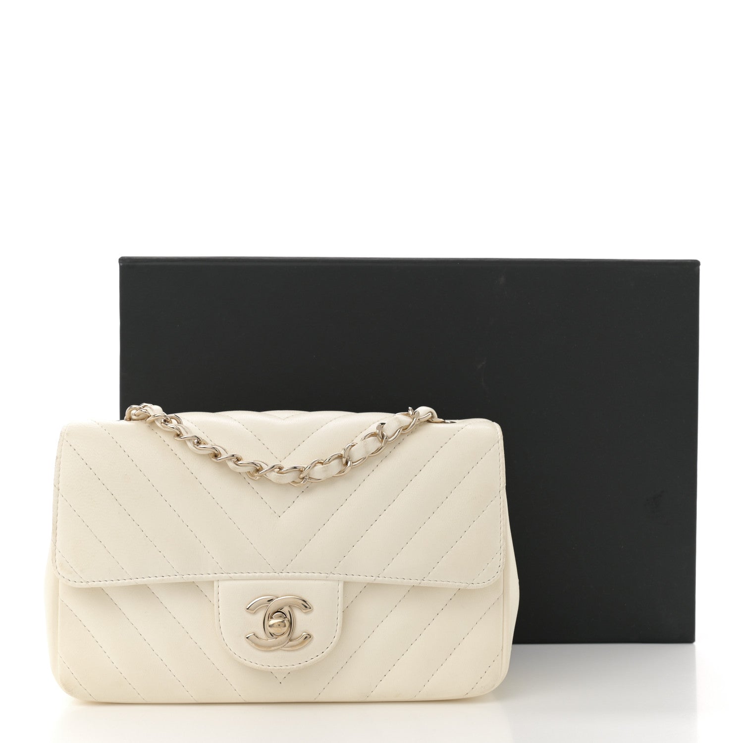 Lambskin Chevron Quilted Mini Rectangular Flap White