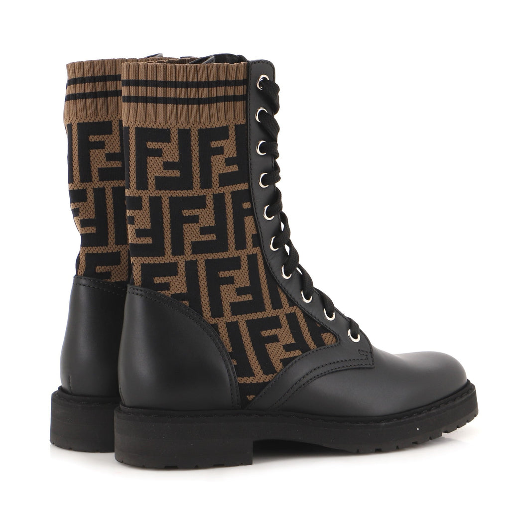 Women's Rockoko Combat Boots Leather and Zucca Knit Stretch Fabric