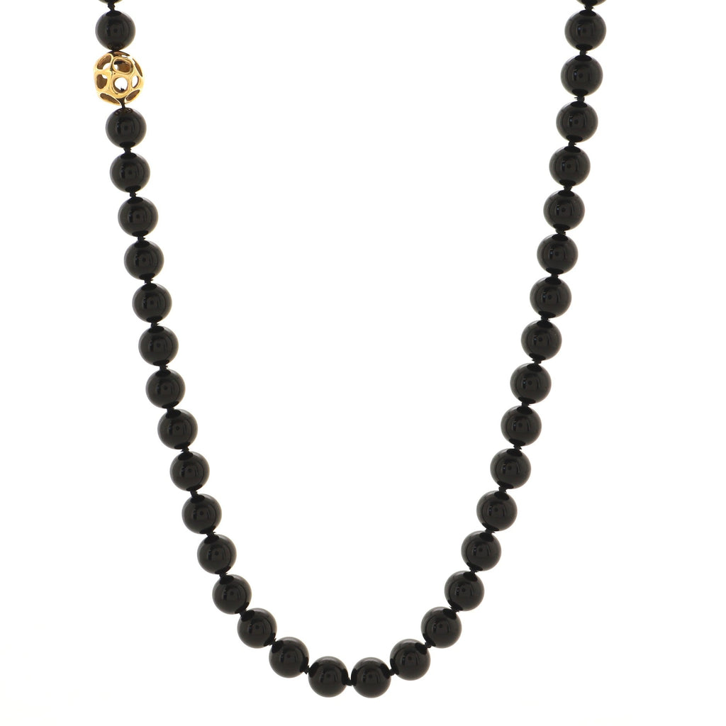 Bead Strand Long Necklace 18K Yellow Gold and Onyx