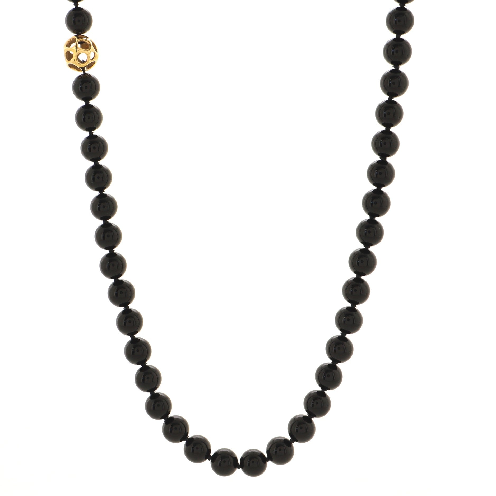 Bead Strand Long Necklace 18K Yellow Gold and Onyx