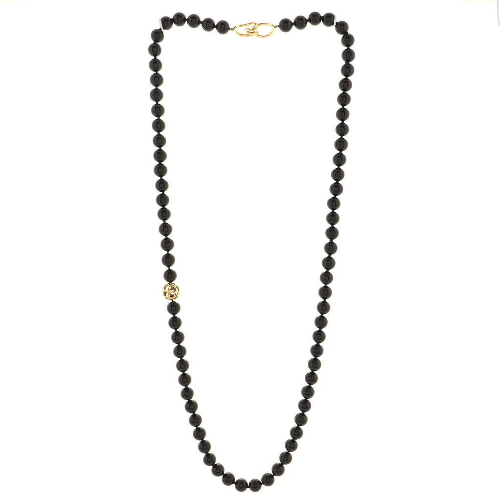 Bead Strand Long Necklace 18K Yellow Gold and Onyx