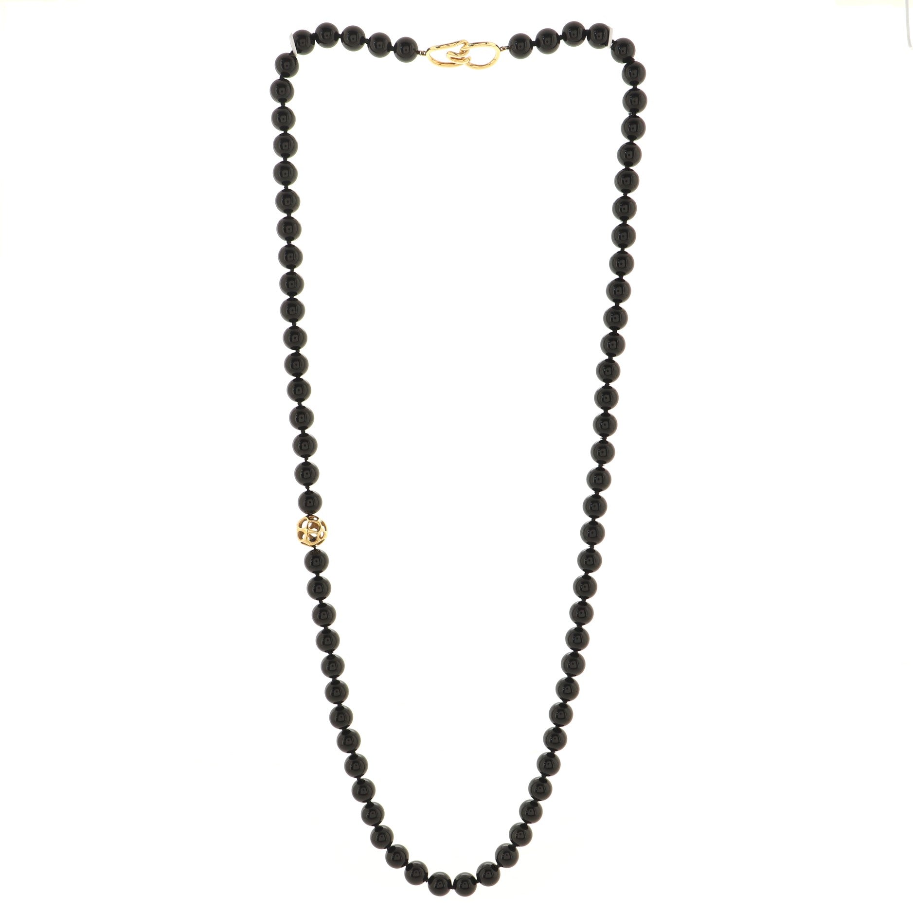 Bead Strand Long Necklace 18K Yellow Gold and Onyx