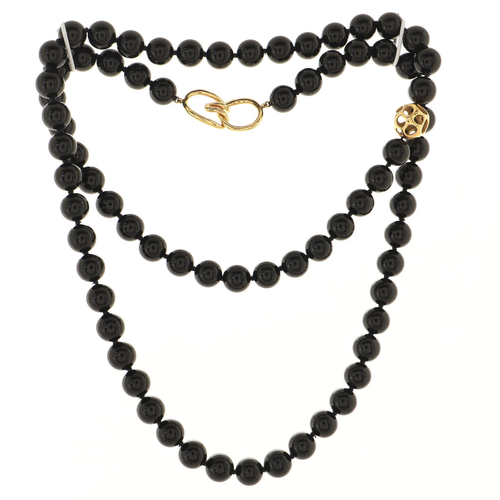 Bead Strand Long Necklace 18K Yellow Gold and Onyx