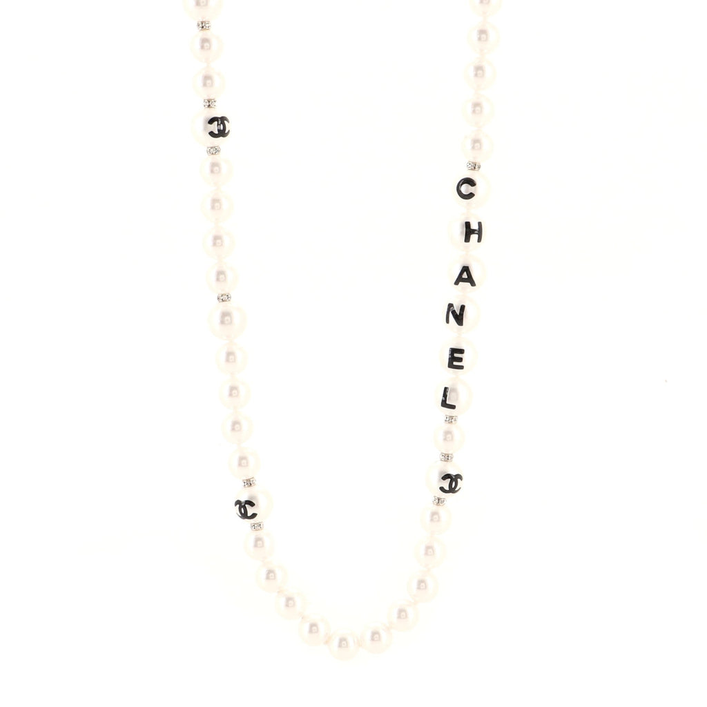 CC Long Logo Necklace Faux Pearls with Metal and Crystals
