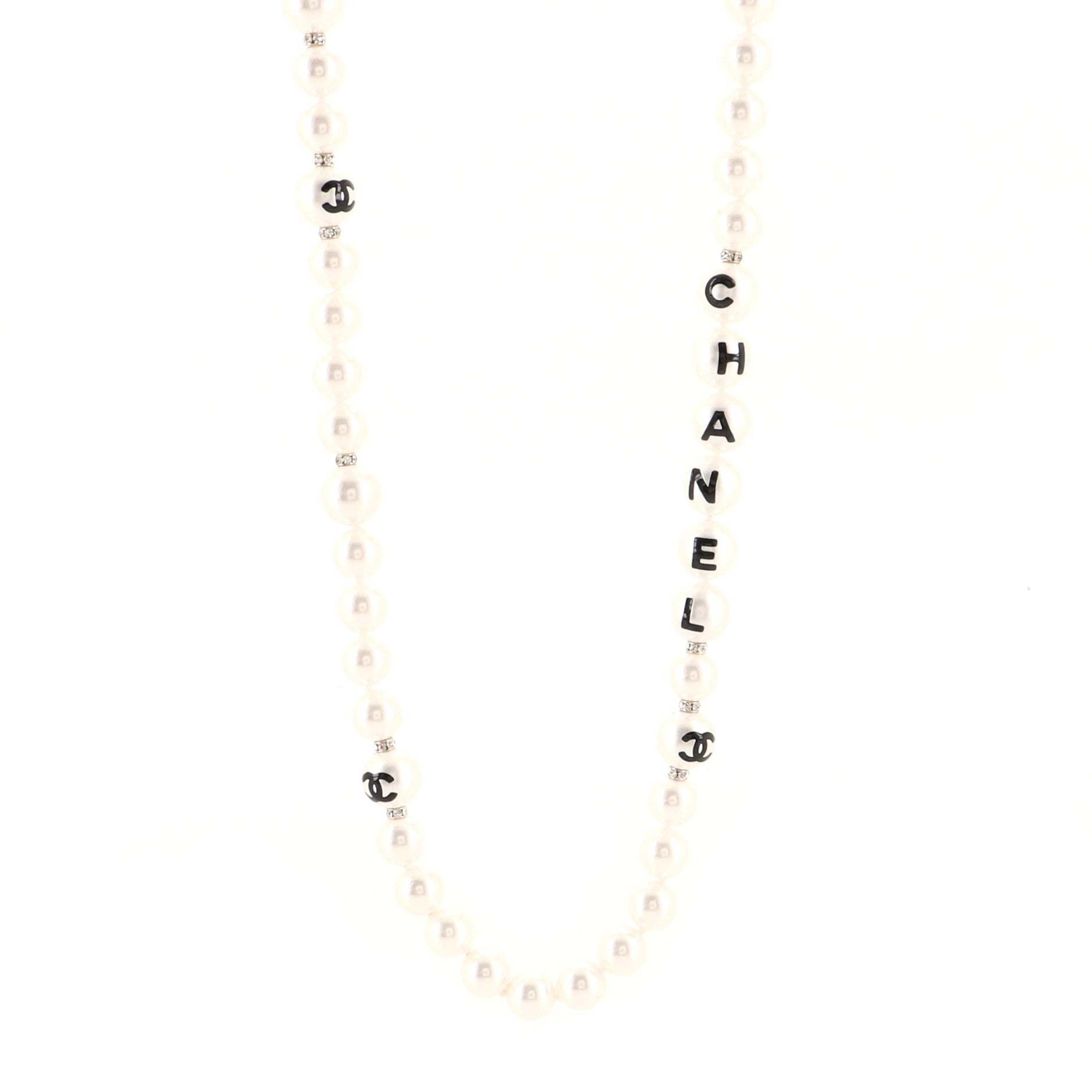 CC Long Logo Necklace Faux Pearls with Metal and Crystals