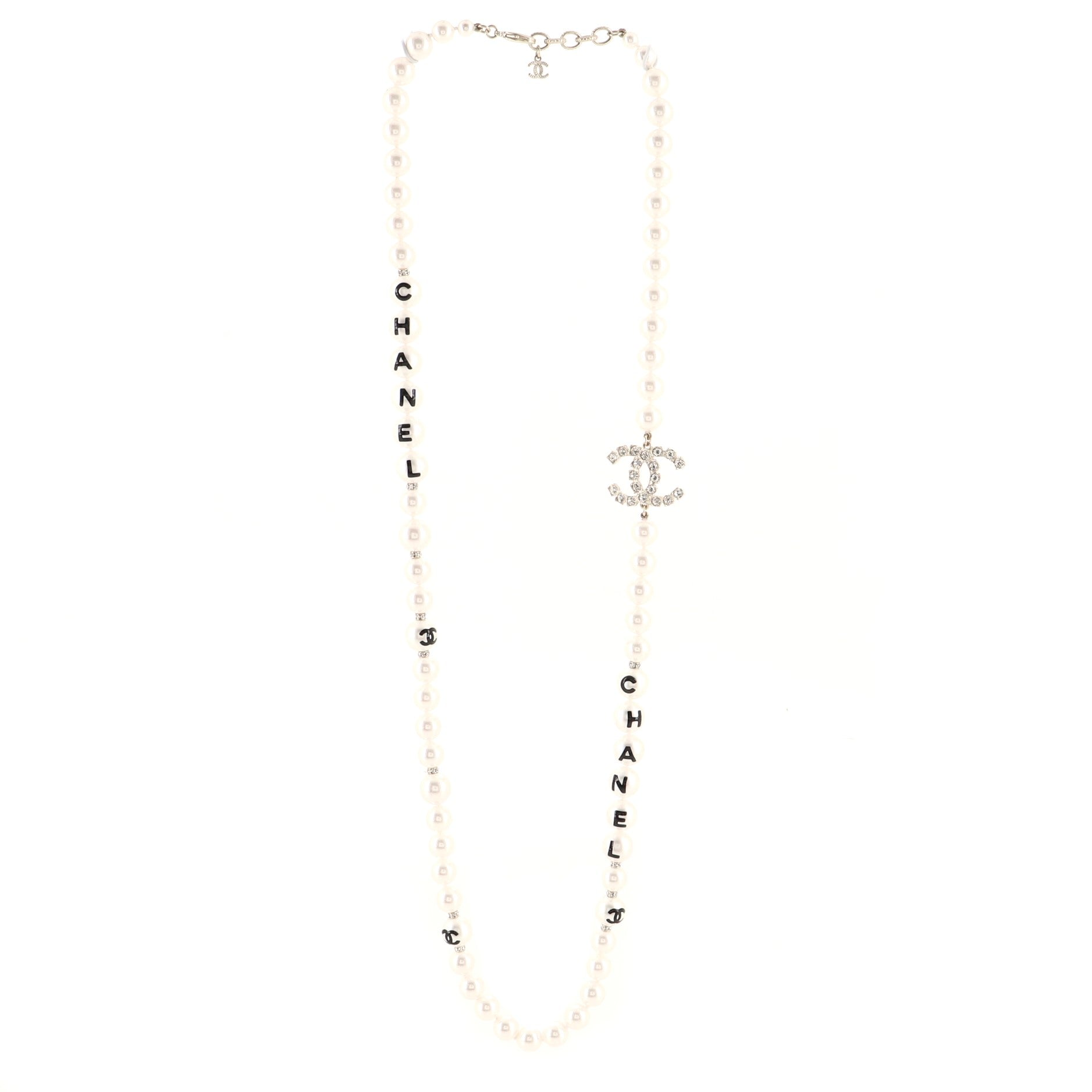 CC Long Logo Necklace Faux Pearls with Metal and Crystals