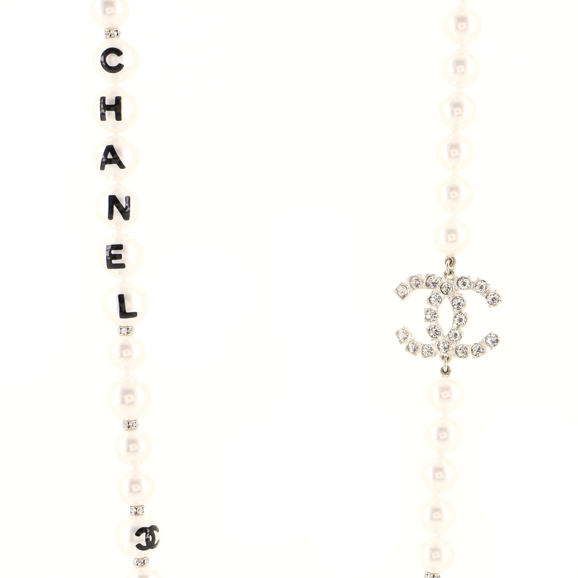 CC Long Logo Necklace Faux Pearls with Metal and Crystals