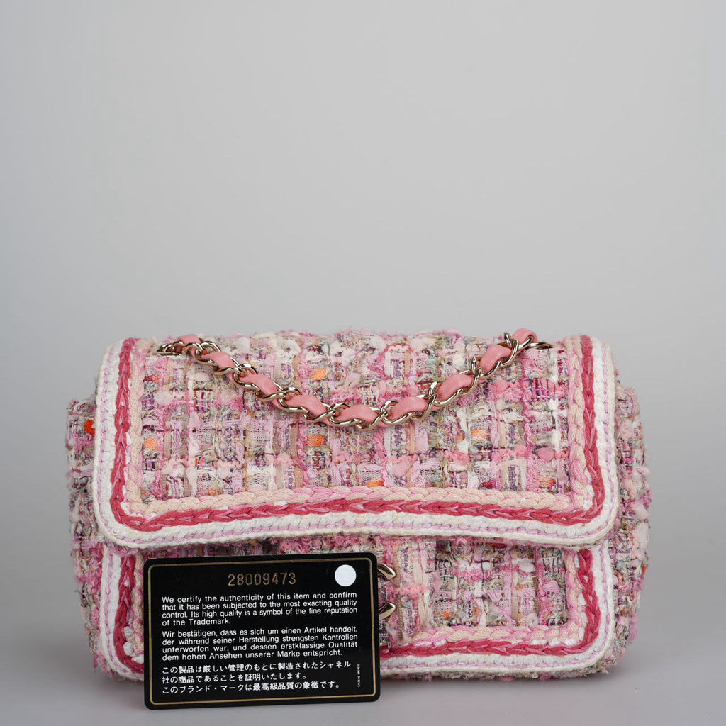 Chanel Tweed Classic Mini Flap Rectangle Bag in White and Pink with Gold Hardware