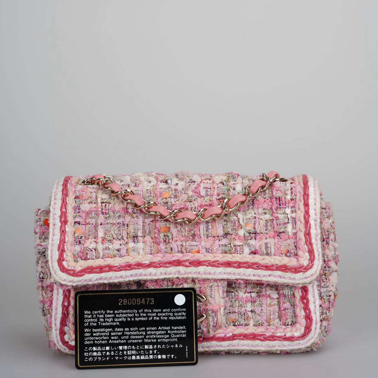 Chanel Tweed Classic Mini Flap Rectangle Bag in White and Pink with Gold Hardware