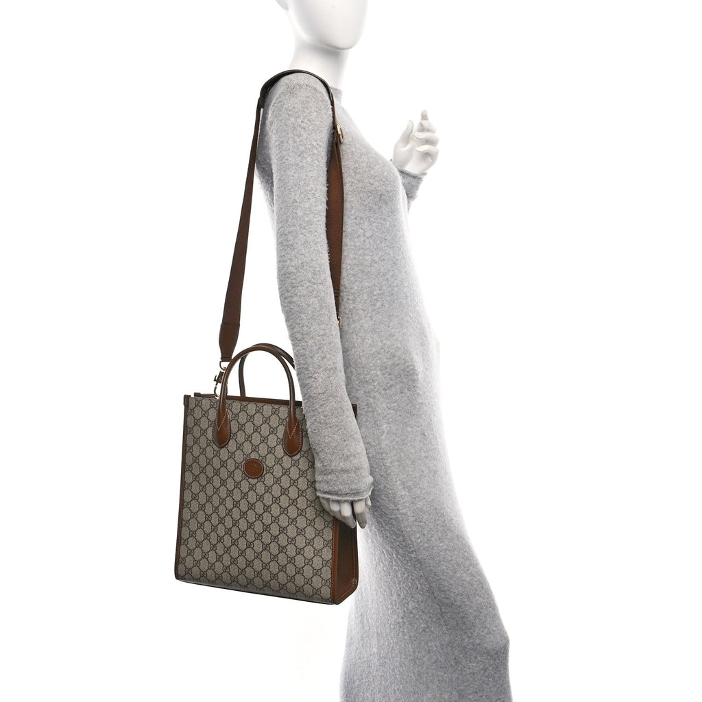 GG Supreme Monogram Textured Dollar Calfskin Web Retro Interlocking G Vertical Tote Bag Beige Ebony Brown Sugar
