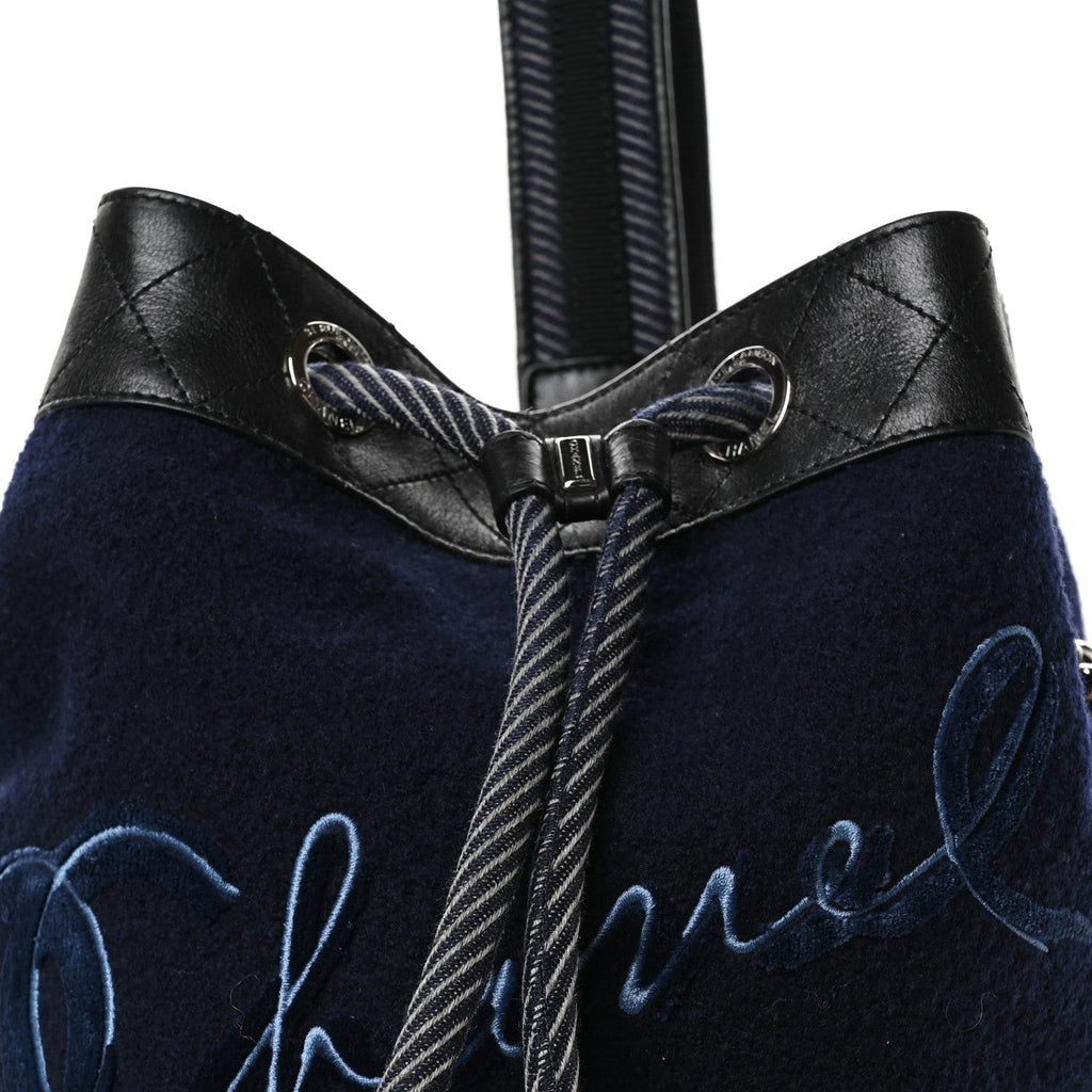 Wool Calfskin Embroidered Paris Hamburg Drawstring Backpack Navy Blue