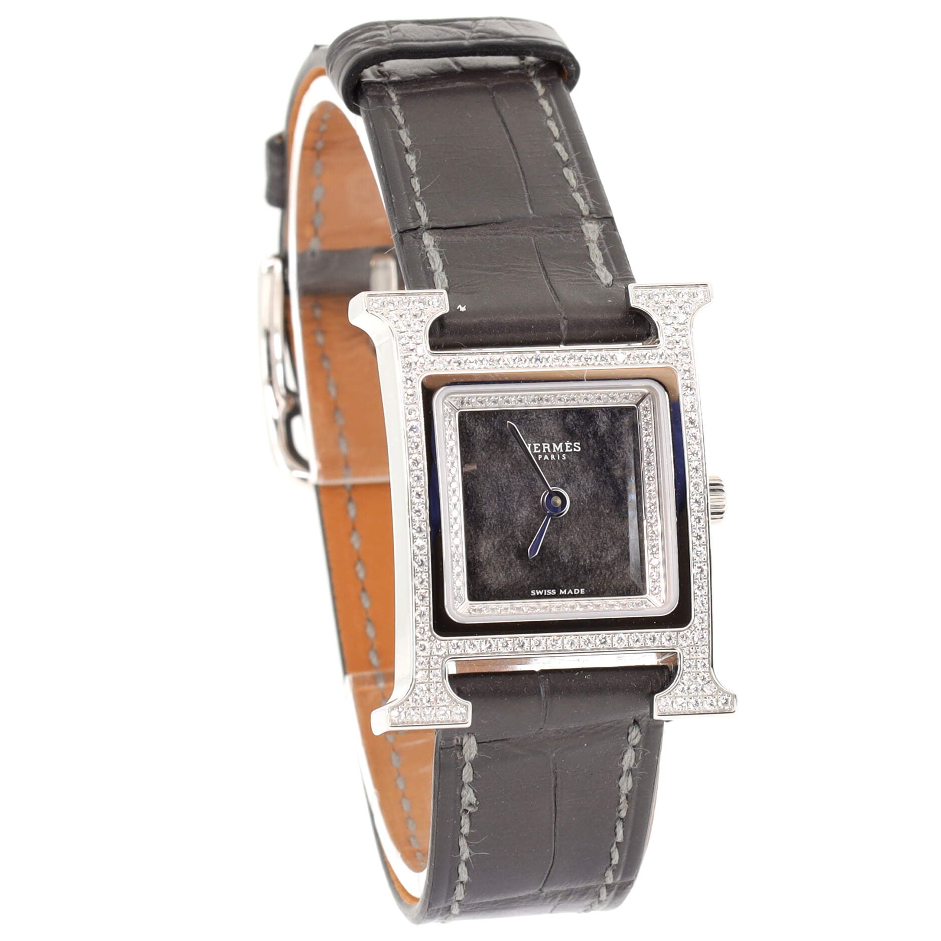 Heure H Quartz Watch Stainless Steel and Alligator with Diamond Bezel and Diamond Obsidian Dial 21