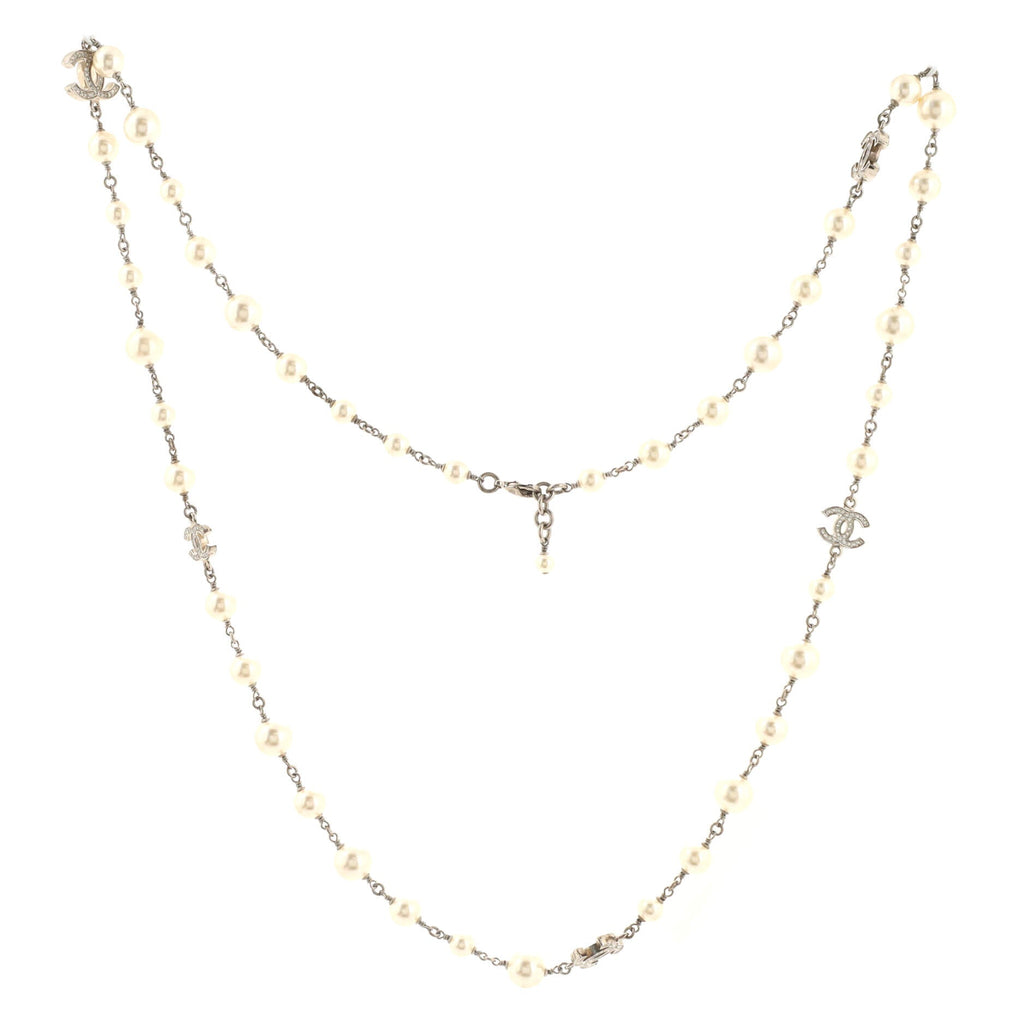 CC Single Strand Long Necklace Metal with Faux Pearls and Crystals