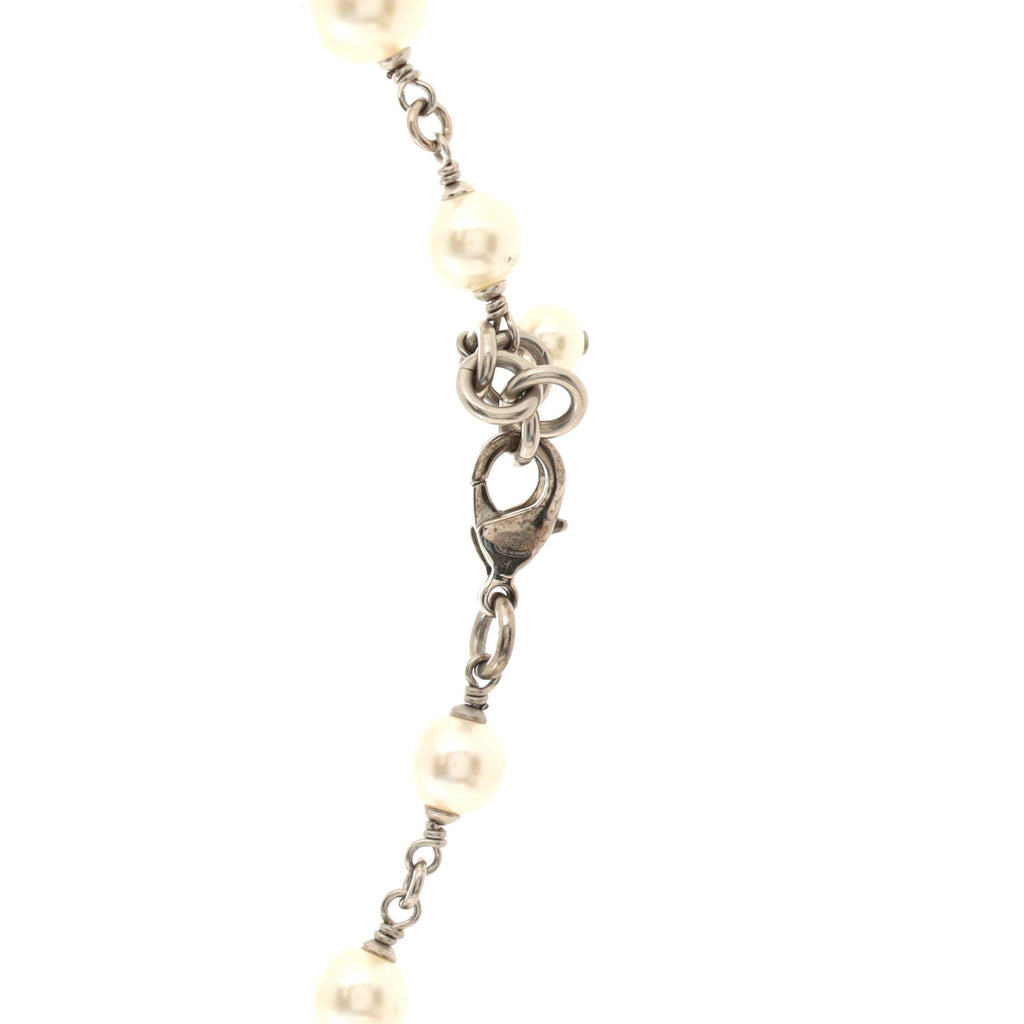 CC Single Strand Long Necklace Metal with Faux Pearls and Crystals