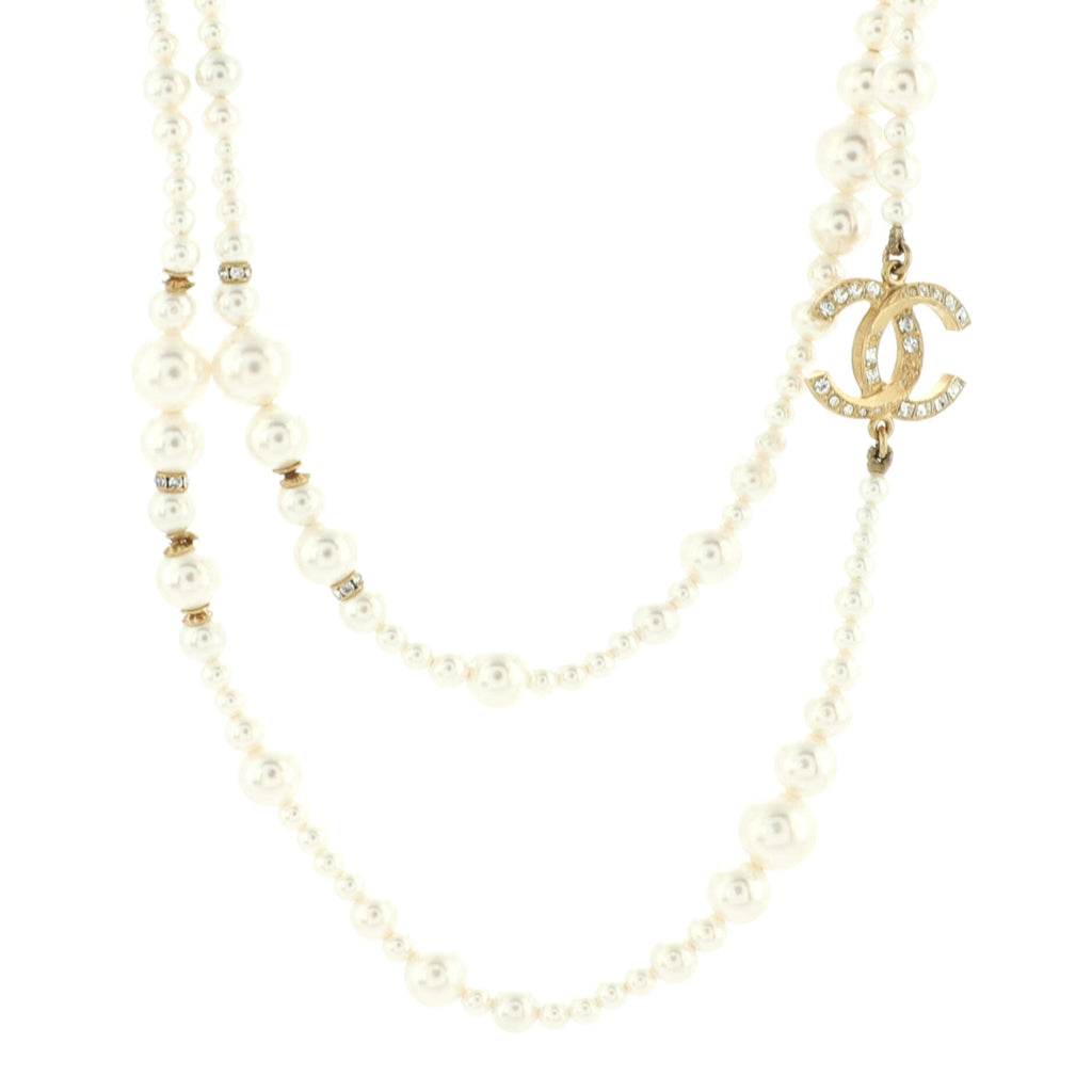 CC Single Strand Long Necklace Metal with Faux Pearls and Crystals