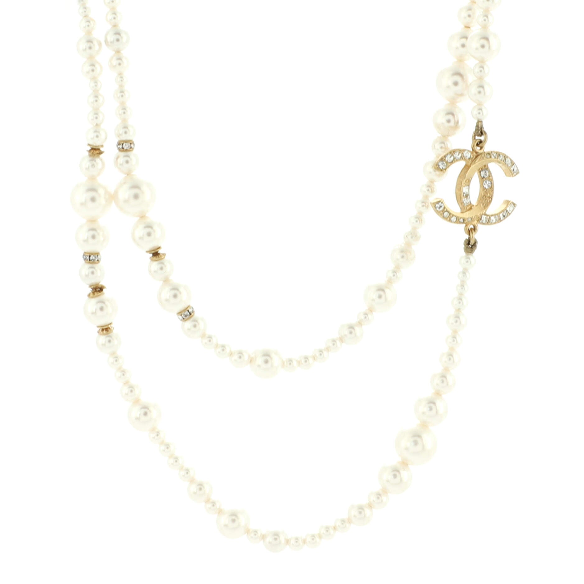 CC Single Strand Long Necklace Metal with Faux Pearls and Crystals
