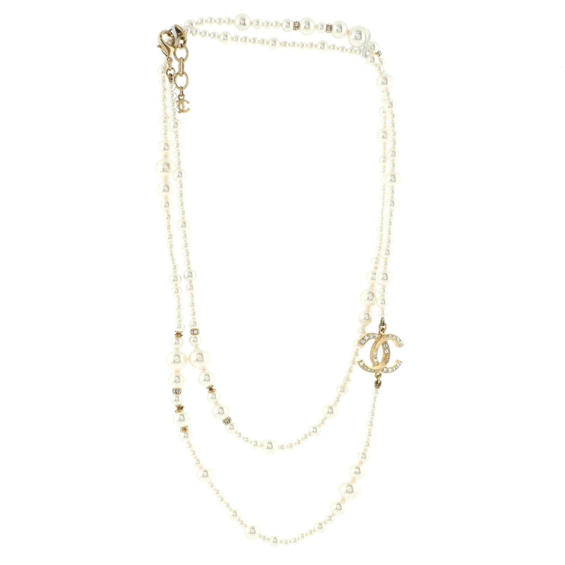 CC Single Strand Long Necklace Metal with Faux Pearls and Crystals