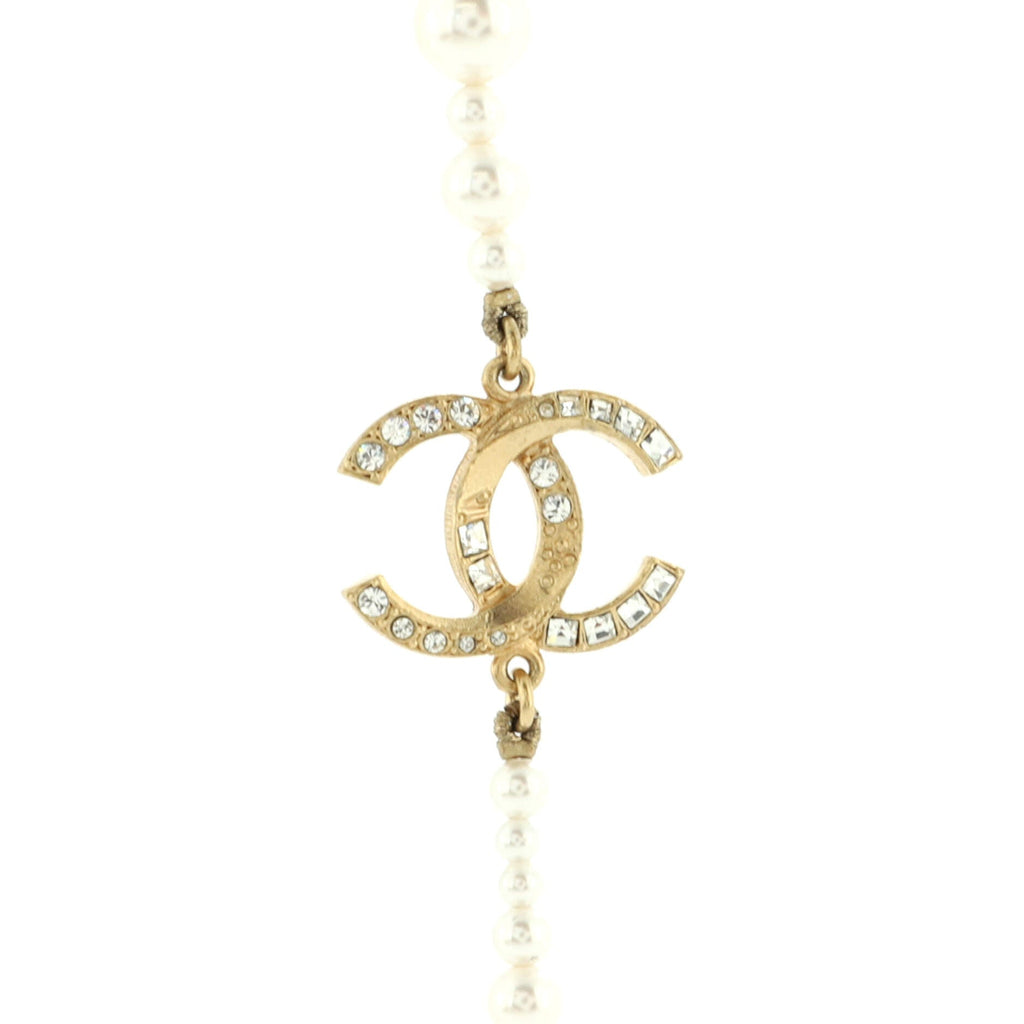 CC Single Strand Long Necklace Metal with Faux Pearls and Crystals