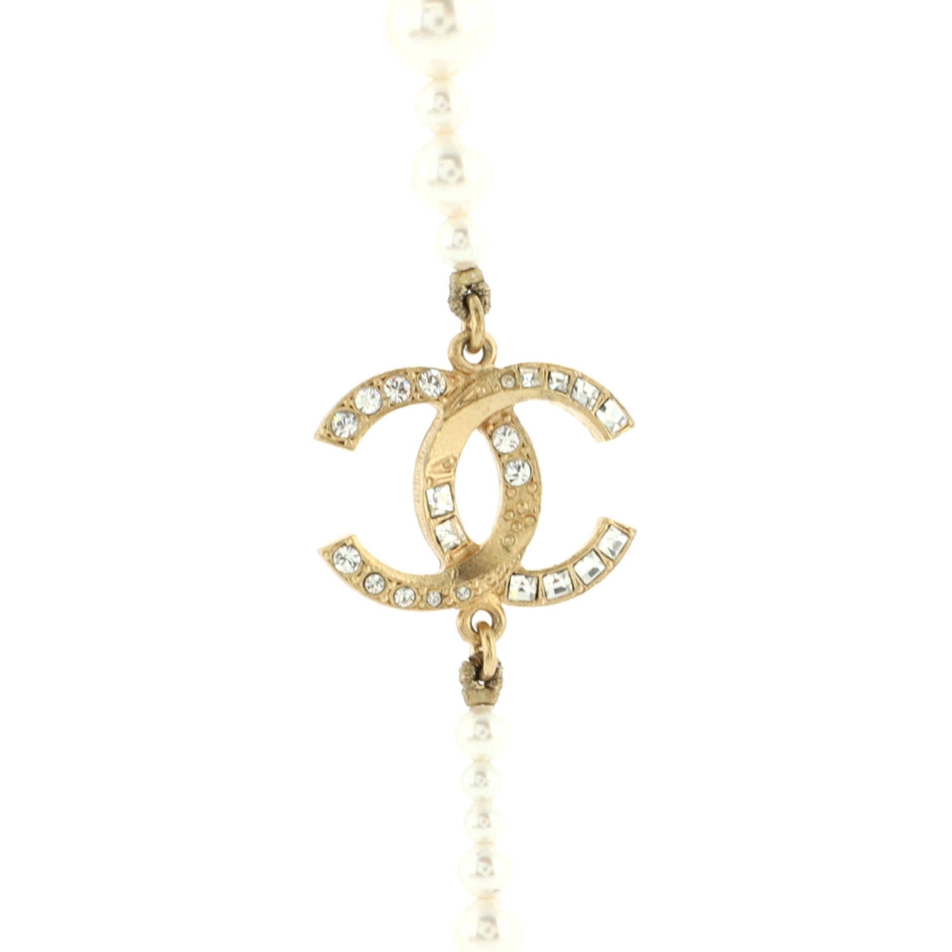 CC Single Strand Long Necklace Metal with Faux Pearls and Crystals