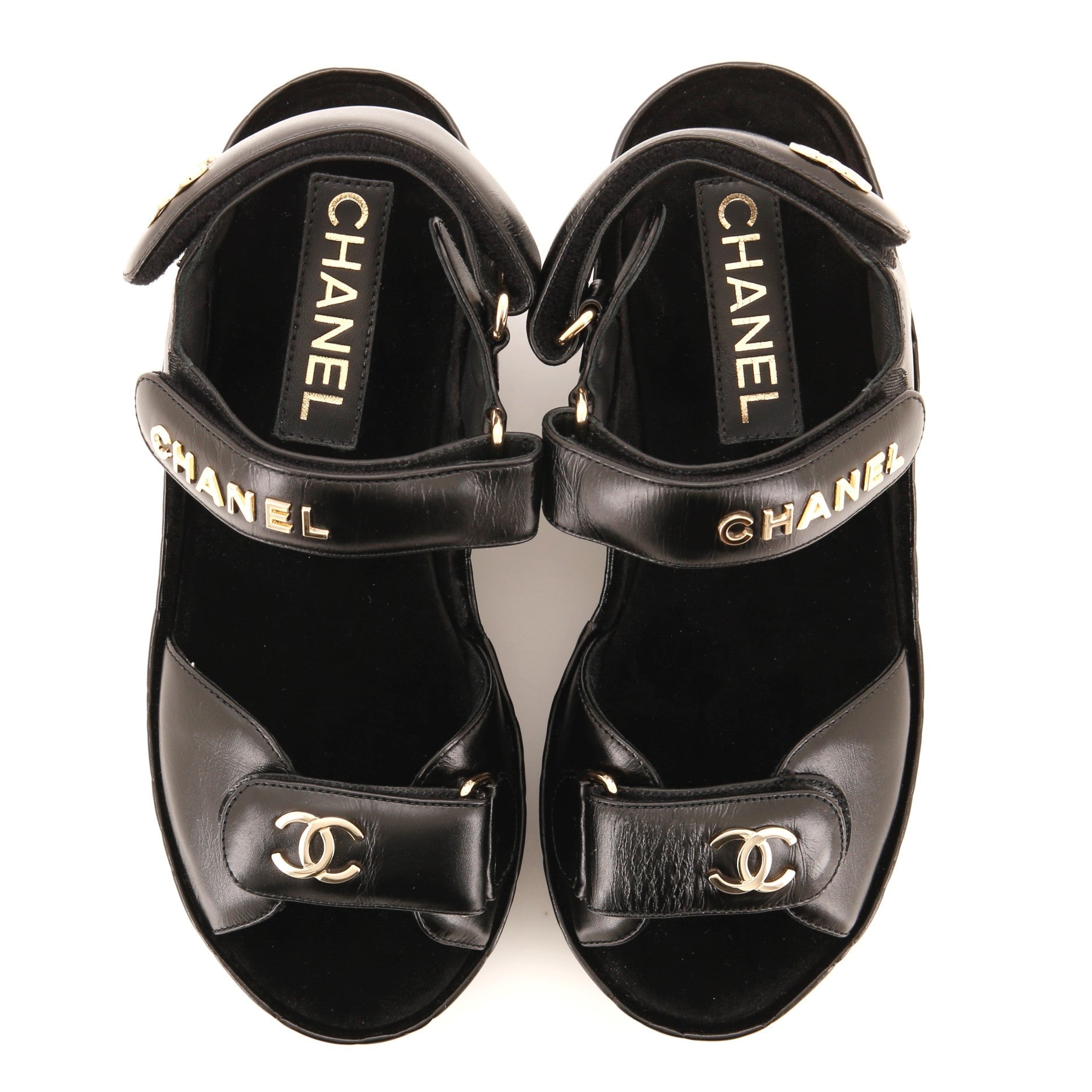 Women's Logo Velcro Strap Wedge Sandals Quilted Shiny Calfskin