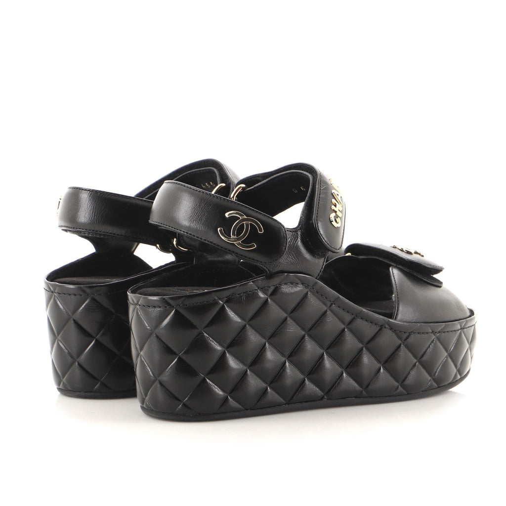Women's Logo Velcro Strap Wedge Sandals Quilted Shiny Calfskin