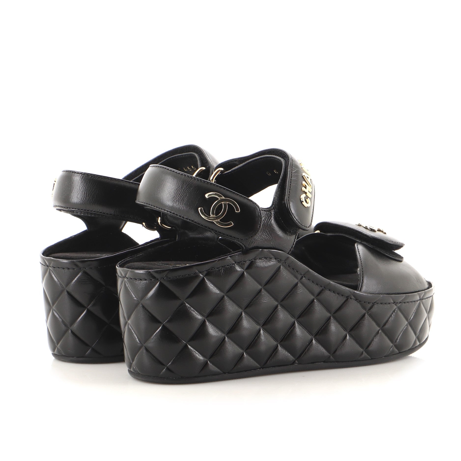 Women's Logo Velcro Strap Wedge Sandals Quilted Shiny Calfskin