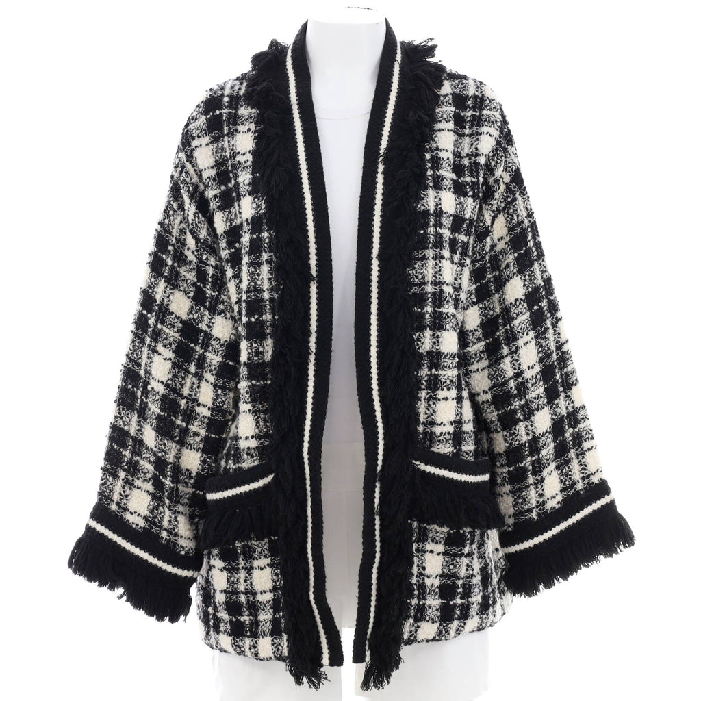 Women's Checkered Open Jacket with Fringe Detail Wool Blend