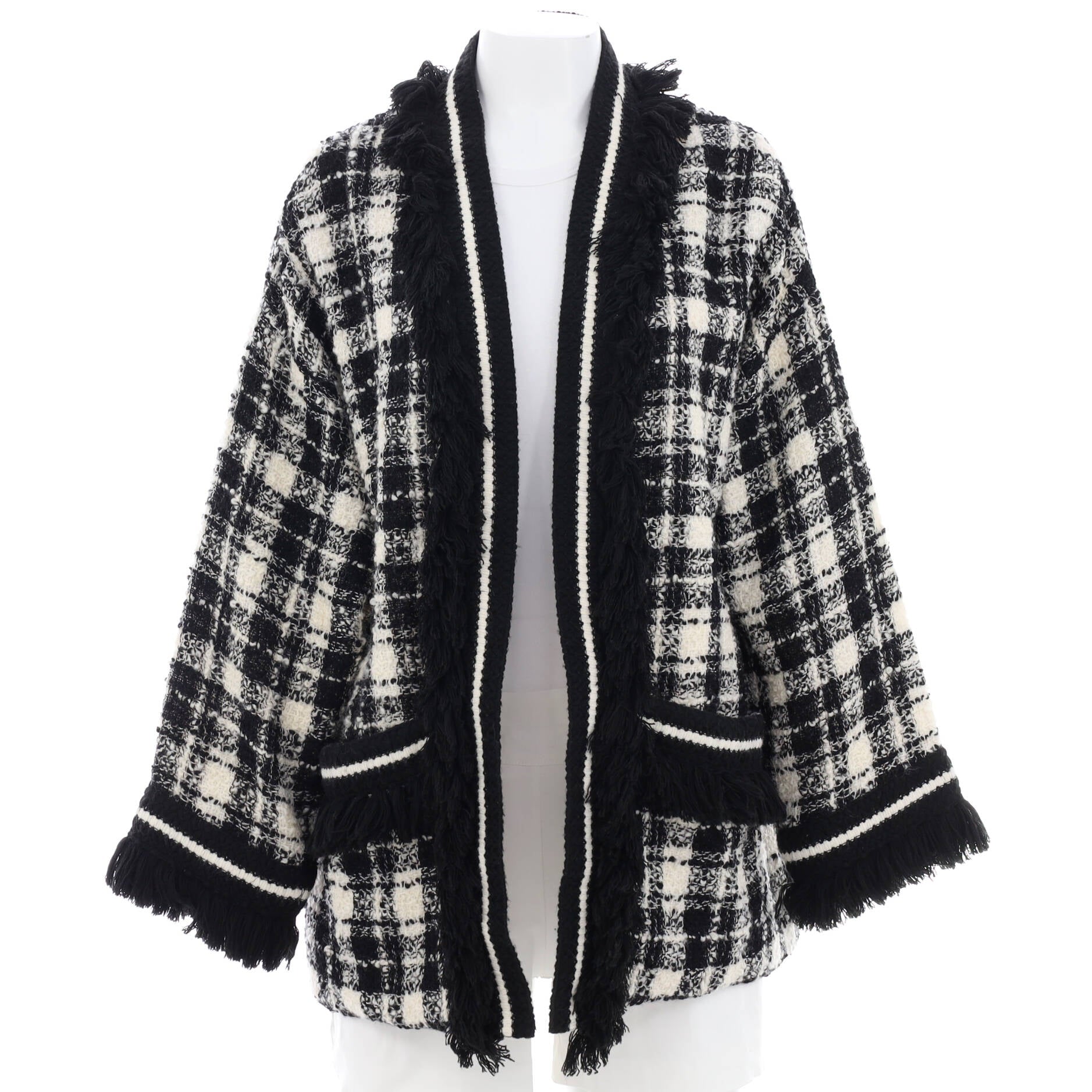 Women's Checkered Open Jacket with Fringe Detail Wool Blend