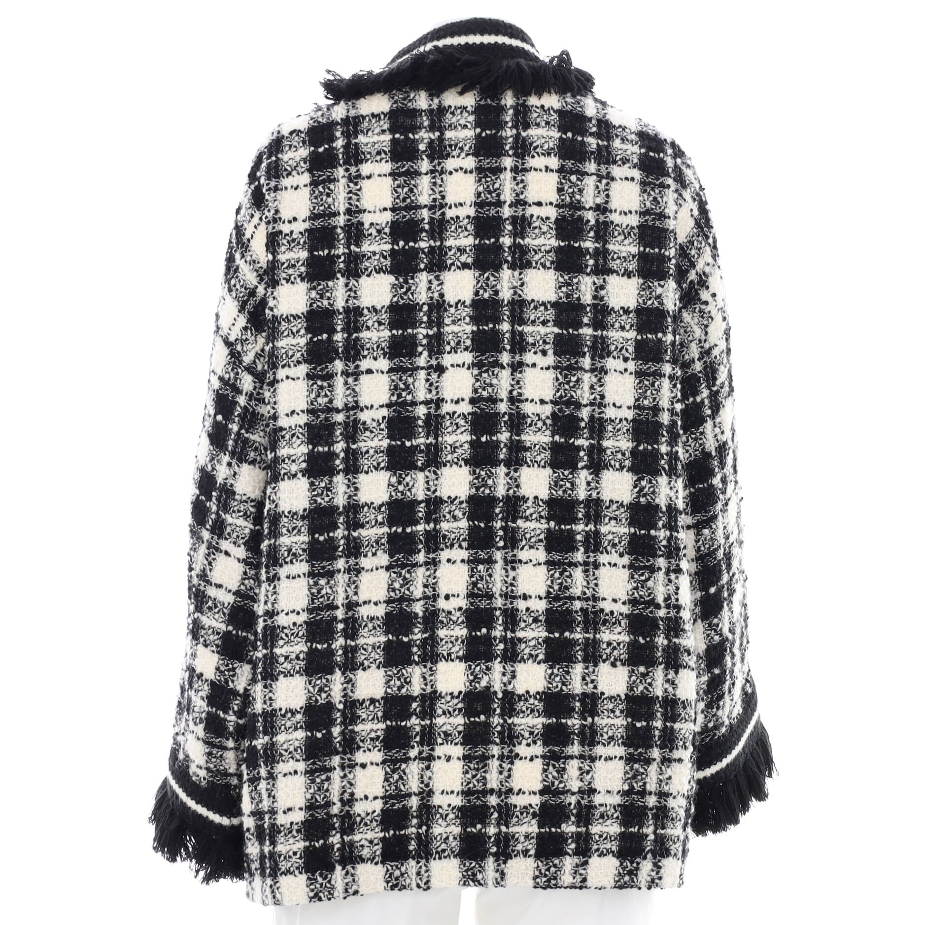 Women's Checkered Open Jacket with Fringe Detail Wool Blend