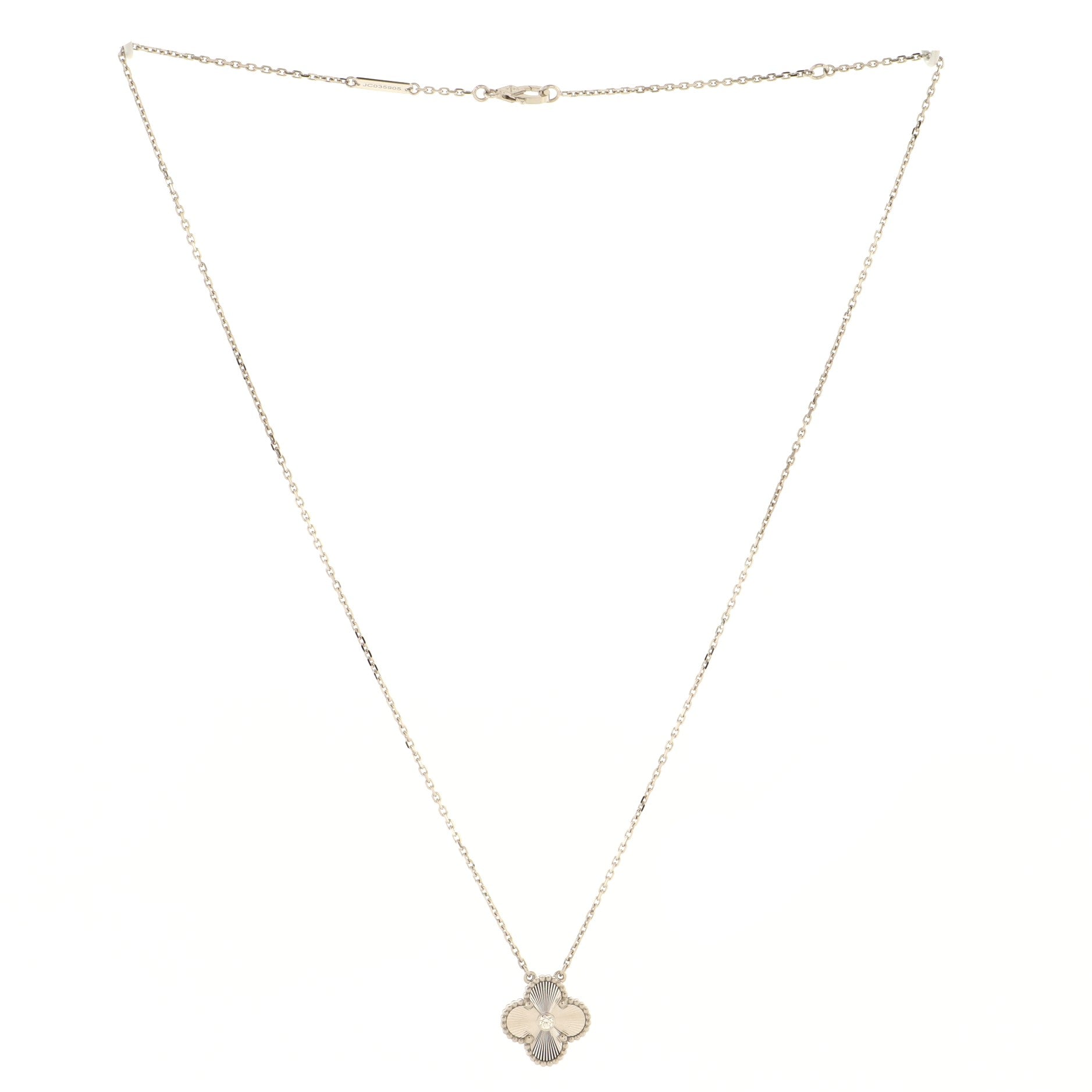 Vintage Alhambra Pendant Necklace Guilloche 18K White Gold with Diamond