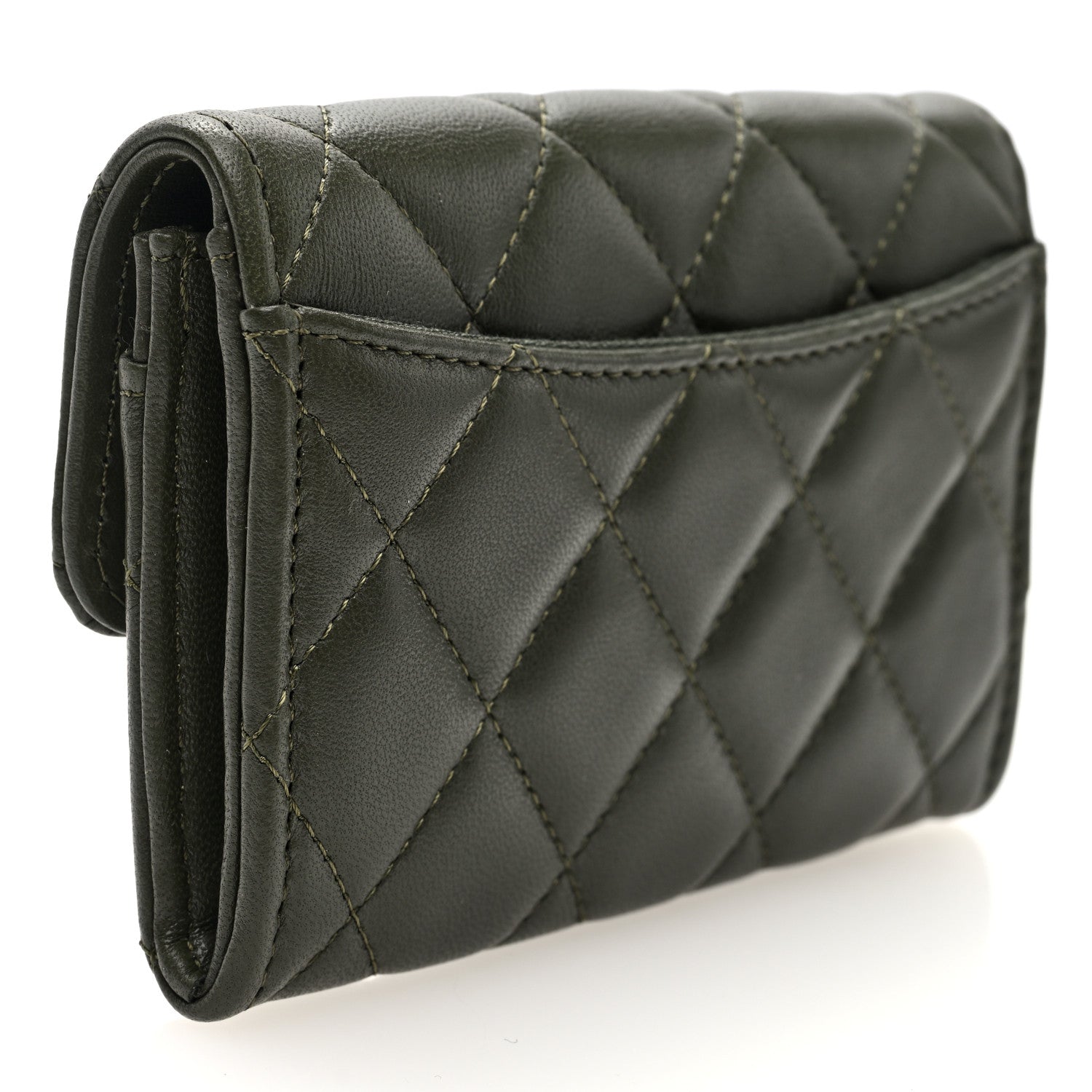 Lambskin Quilted Flap  Holder Wallet Khaki