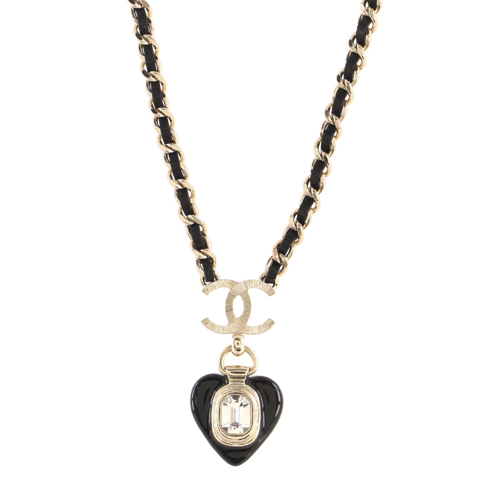 CC Heart Drop Pendant Necklace Metal with Leather and Crystal