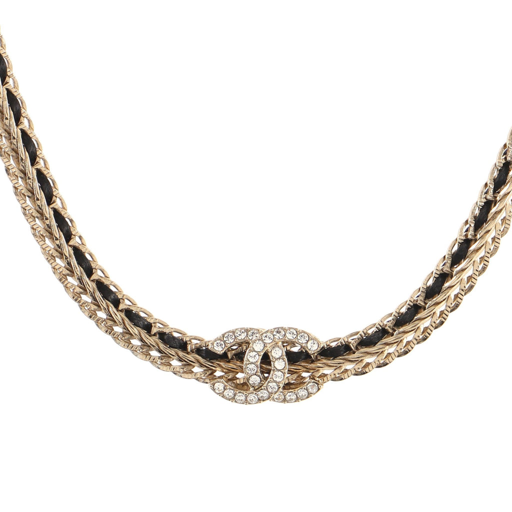 CC Woven Chain Choker Necklace Metal and Leather with Crystals