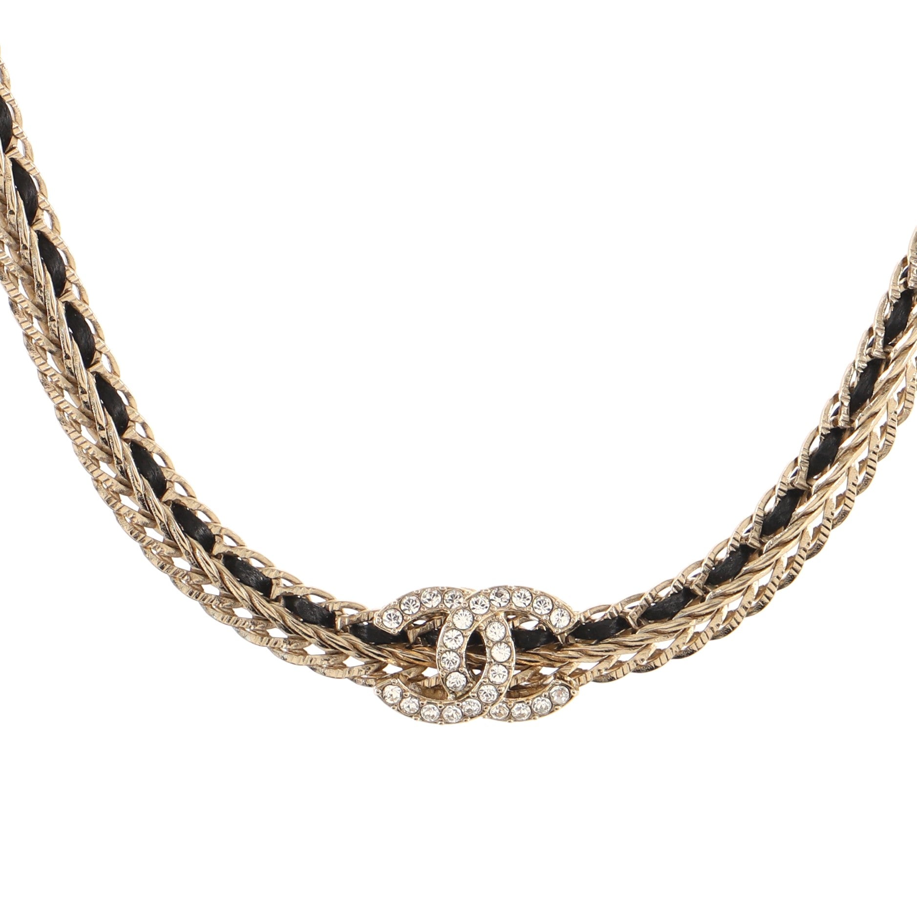 CC Woven Chain Choker Necklace Metal and Leather with Crystals