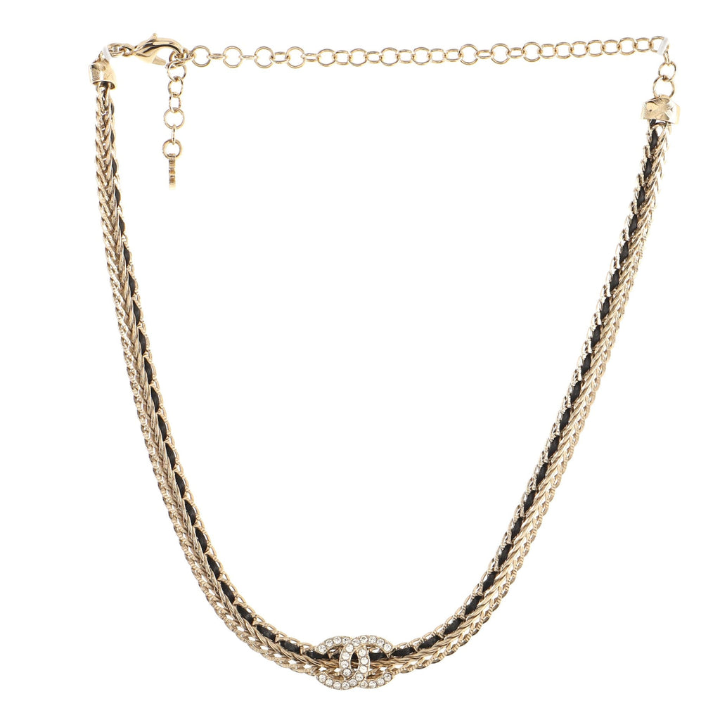 CC Woven Chain Choker Necklace Metal and Leather with Crystals
