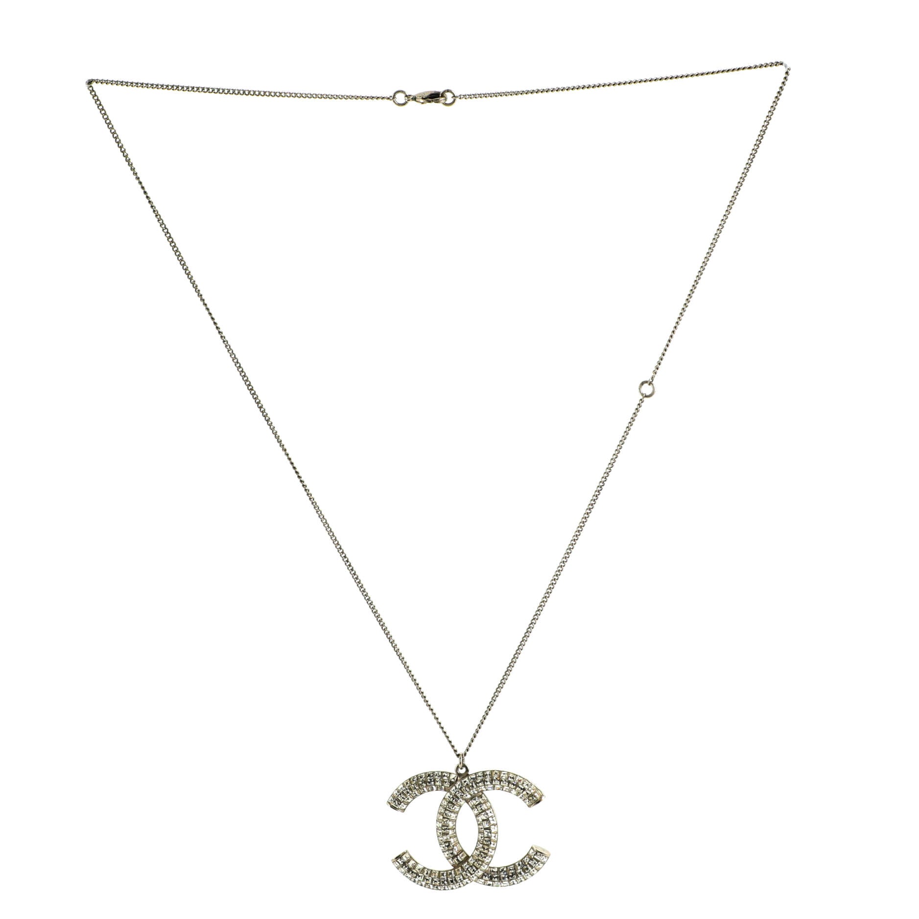 CC Long Pendant Necklace Crystal Embellished Metal and Enamel