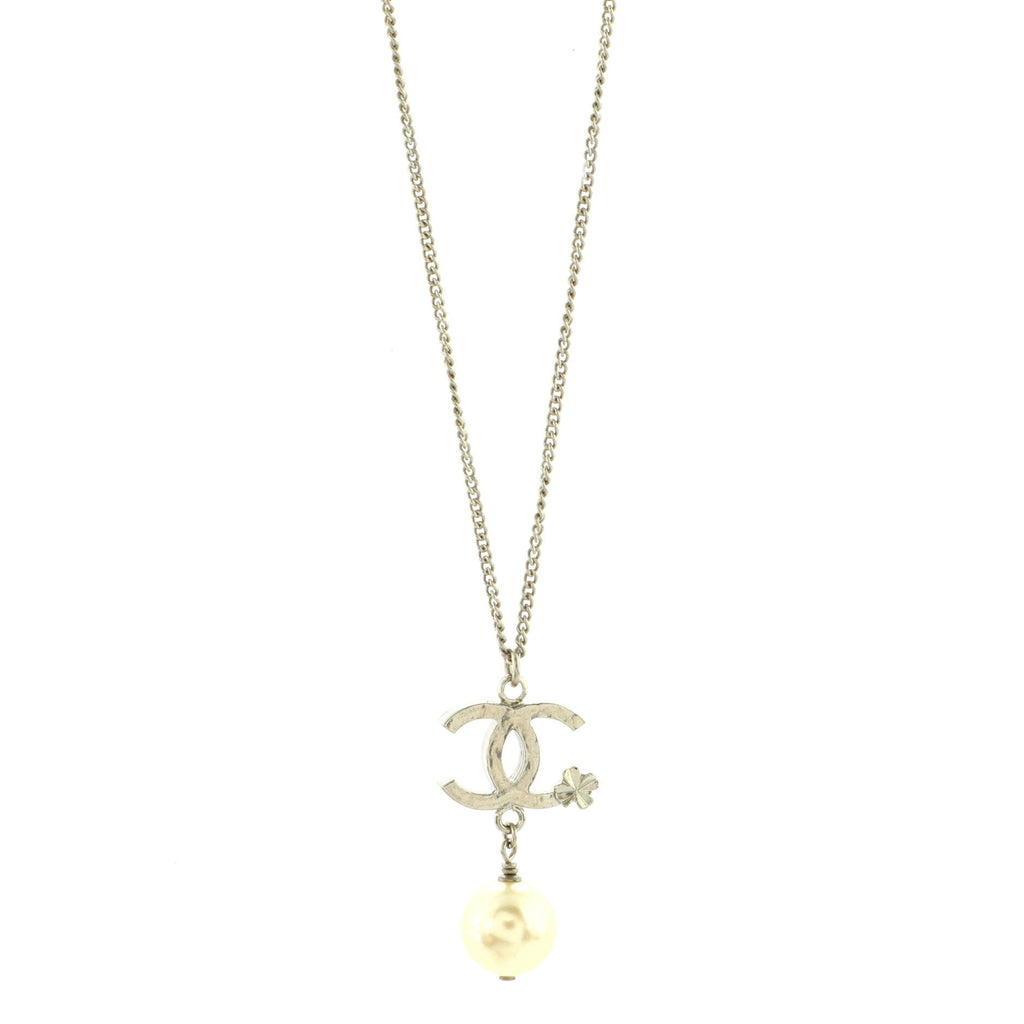 CC Clover Pearl Drop Pendant Necklace Metal and Faux Pearl