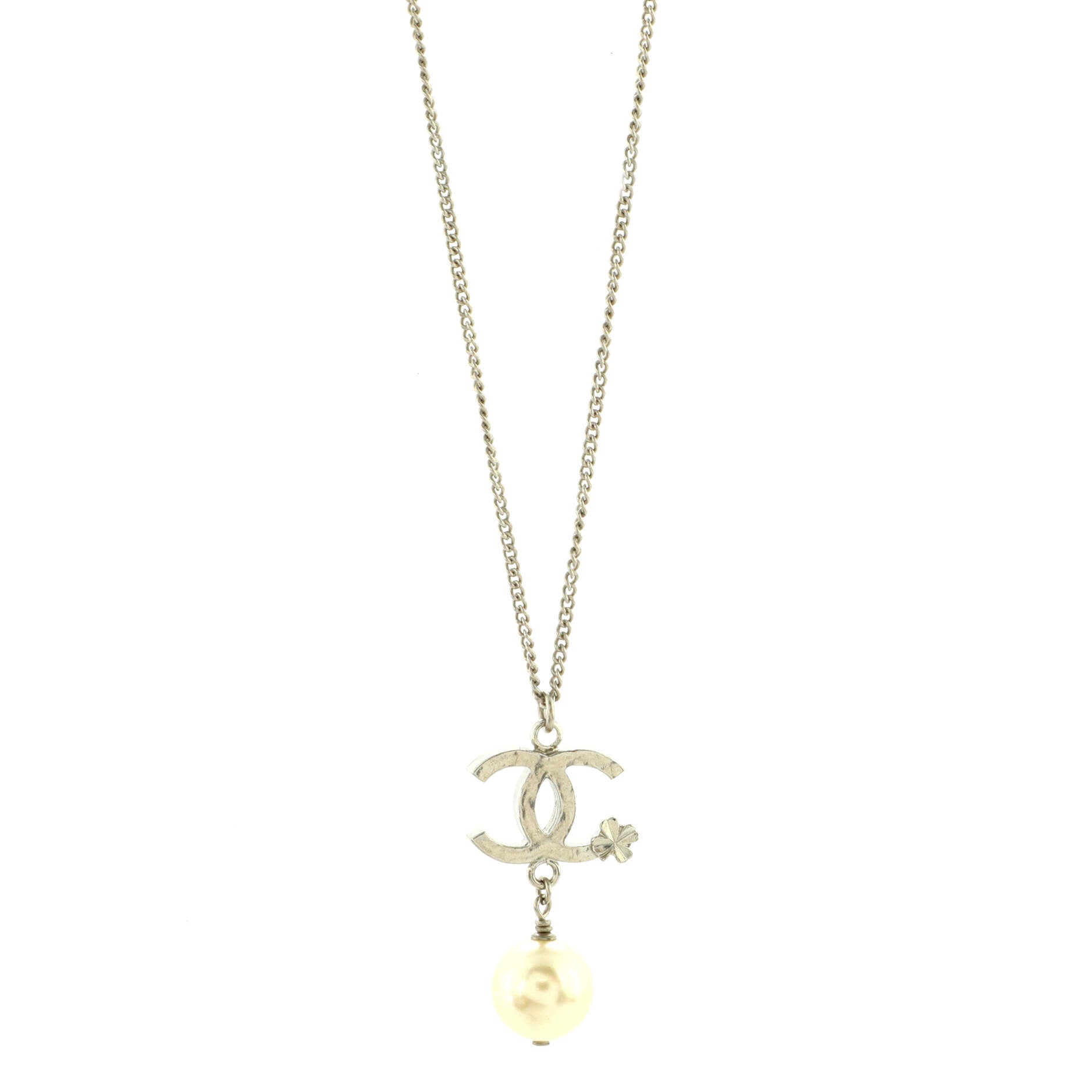 CC Clover Pearl Drop Pendant Necklace Metal and Faux Pearl