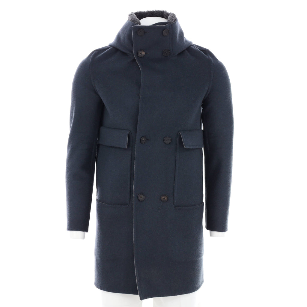 Men's Double Pocket Face Hooded Long Coat Wool