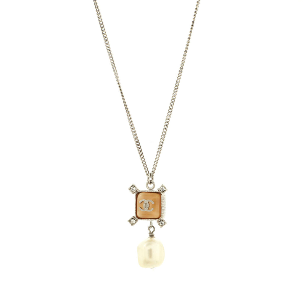 Square CC Drop Pendant Necklace Metal and Resin with Faux Pearls and Crystals