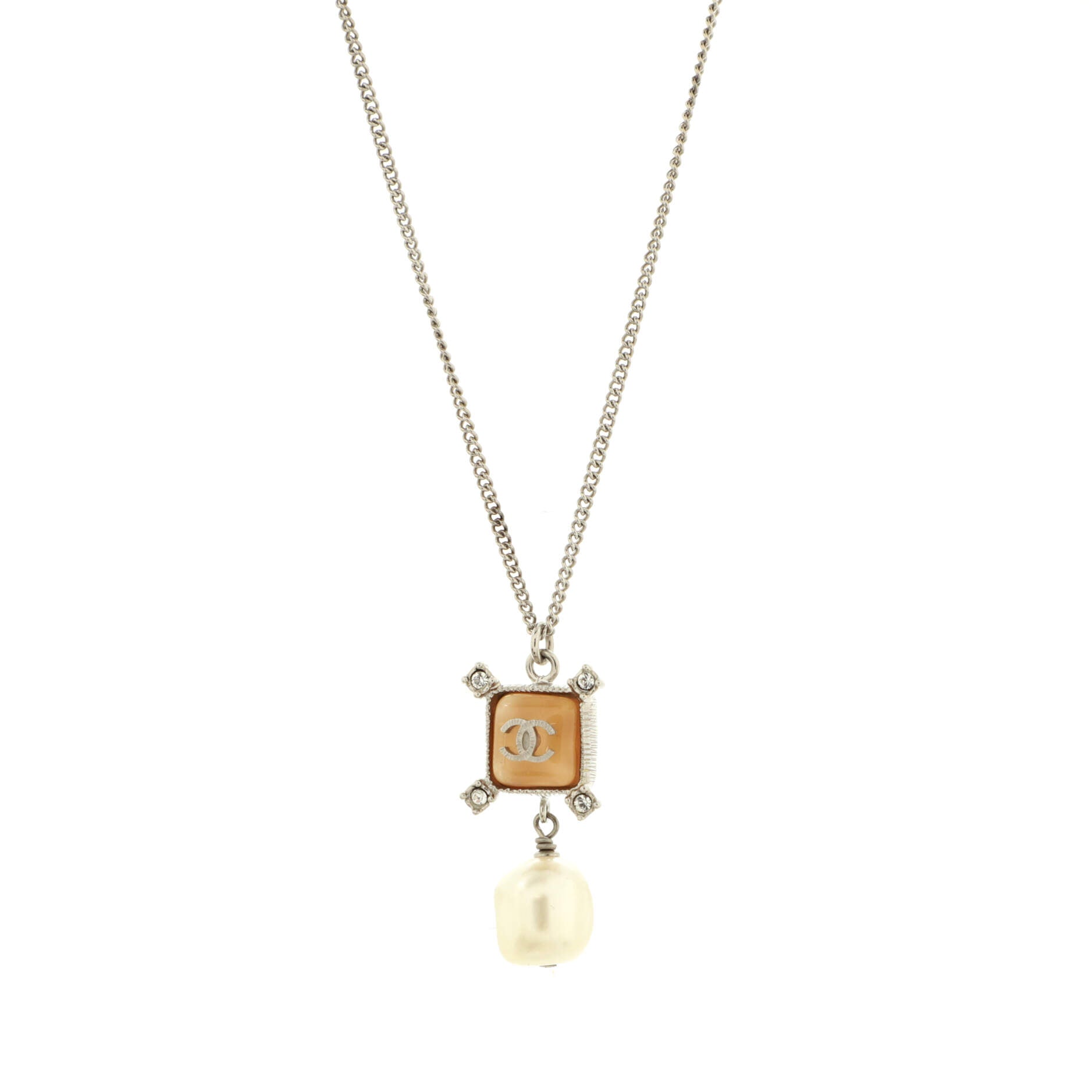 Square CC Drop Pendant Necklace Metal and Resin with Faux Pearls and Crystals