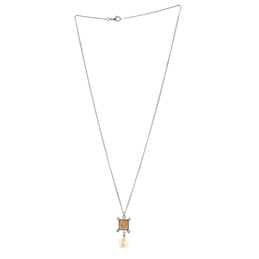 Square CC Drop Pendant Necklace Metal and Resin with Faux Pearls and Crystals