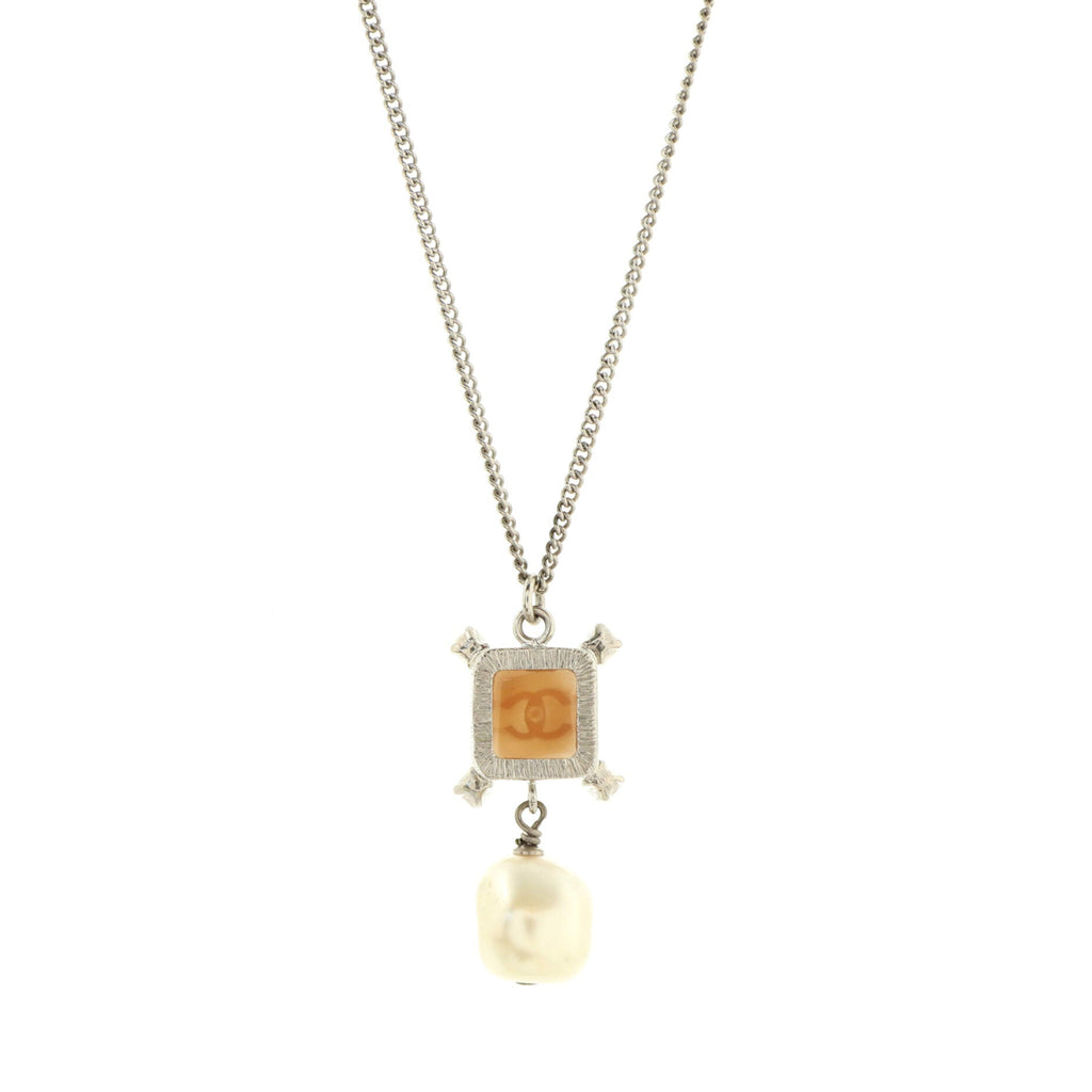 Square CC Drop Pendant Necklace Metal and Resin with Faux Pearls and Crystals