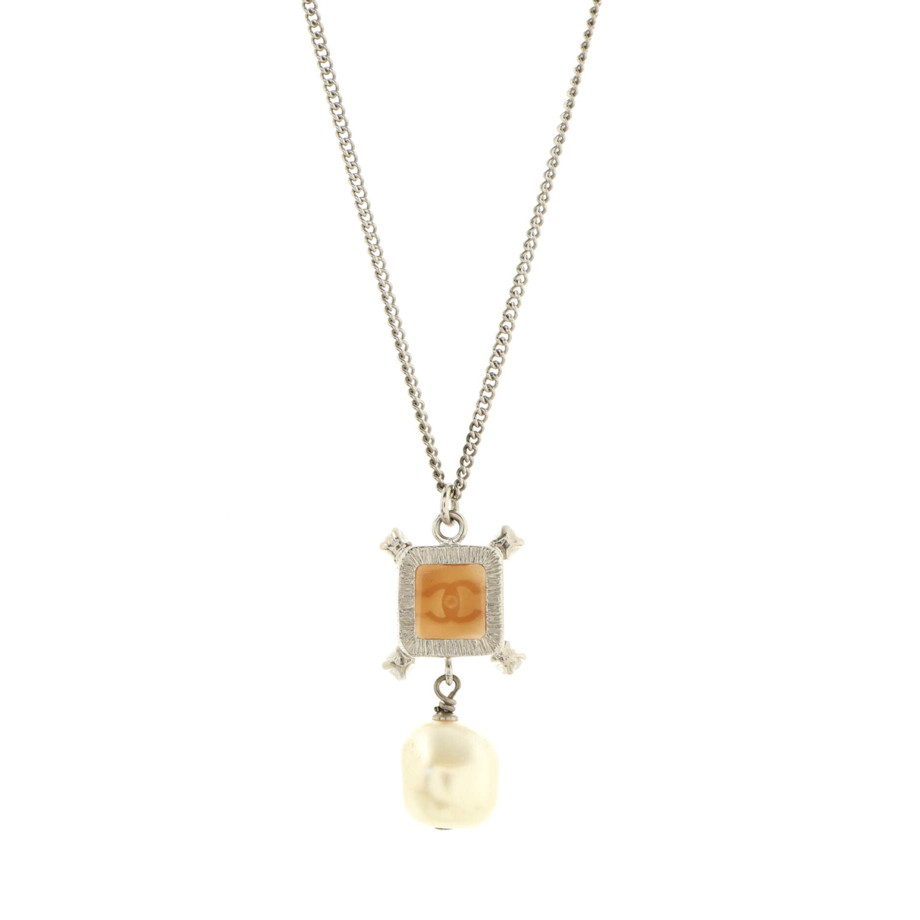 Square CC Drop Pendant Necklace Metal and Resin with Faux Pearls and Crystals