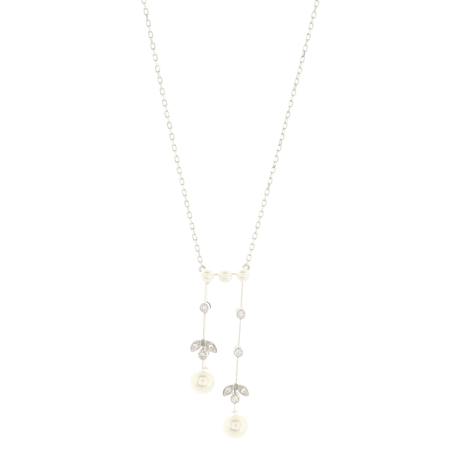 Olive Chandelier Pendant Necklace 18K White Gold and Pearl with Diamonds