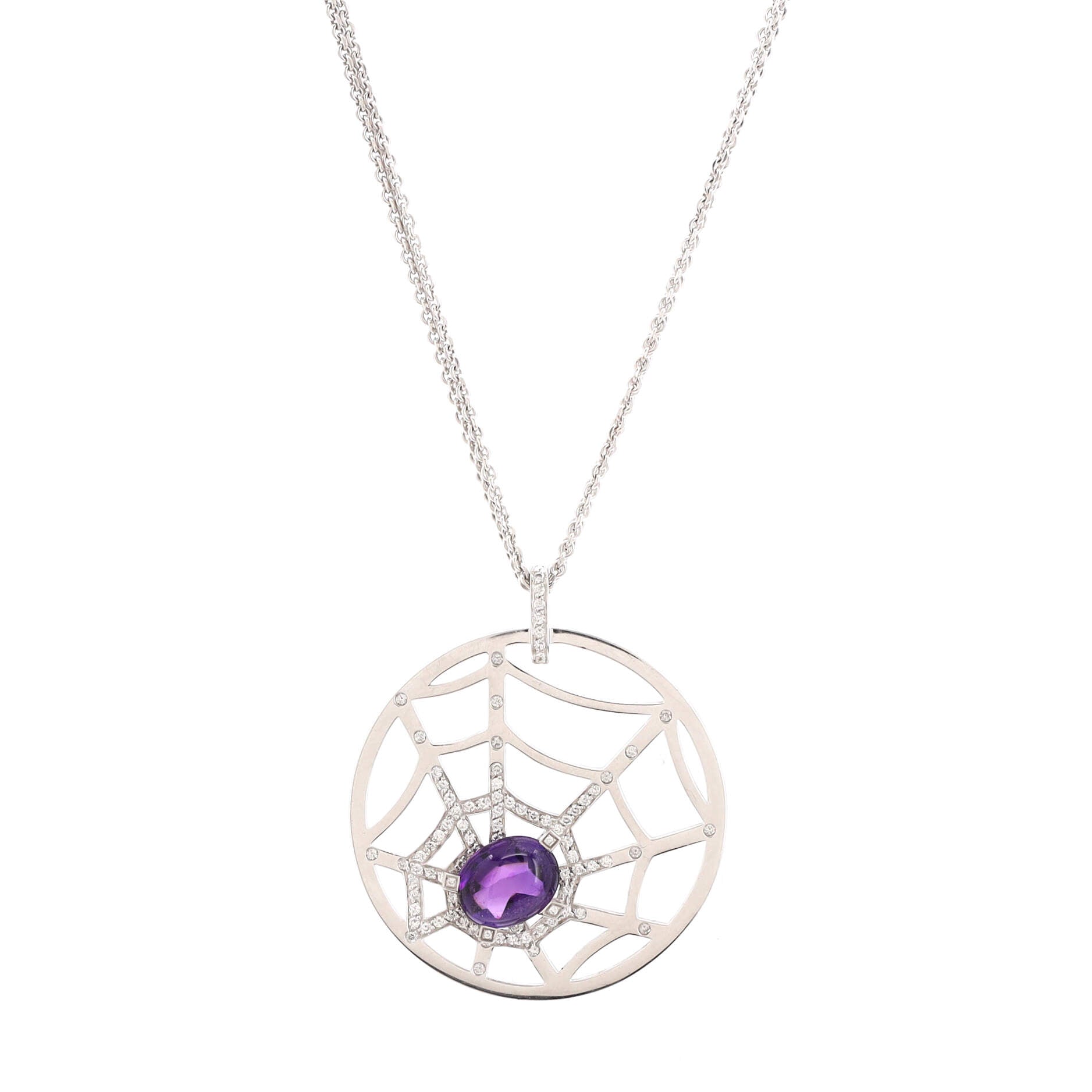 Attrape-Moi Spider Web Pendant Necklace 18K White Gold with Diamonds and Amethyst Large