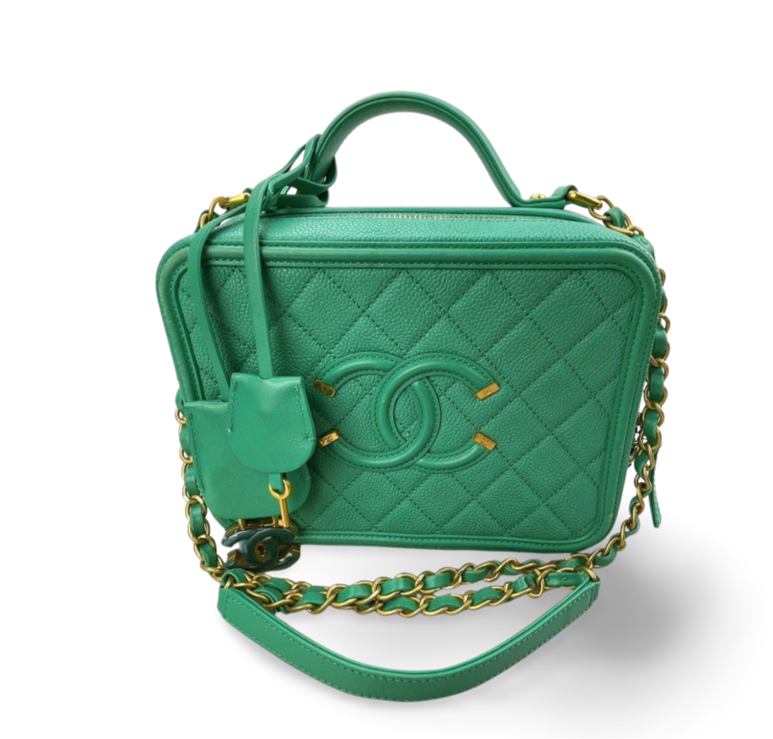 Chanel Vanity Case Bag in Caviar Leather Brushed Gold Hardware Mint Green Medium