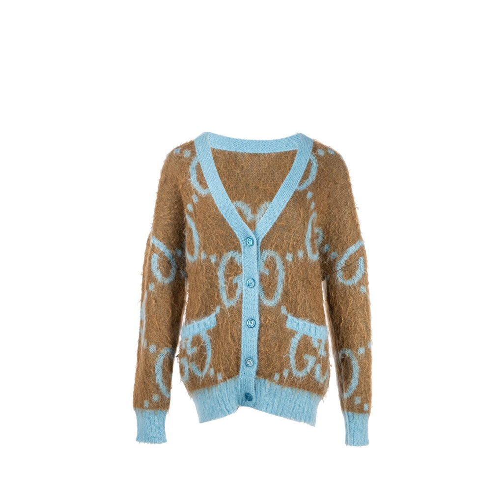 Gucci Size S Reversible GG igan Mohair/Polyamide/Wool Light Blue/Brown