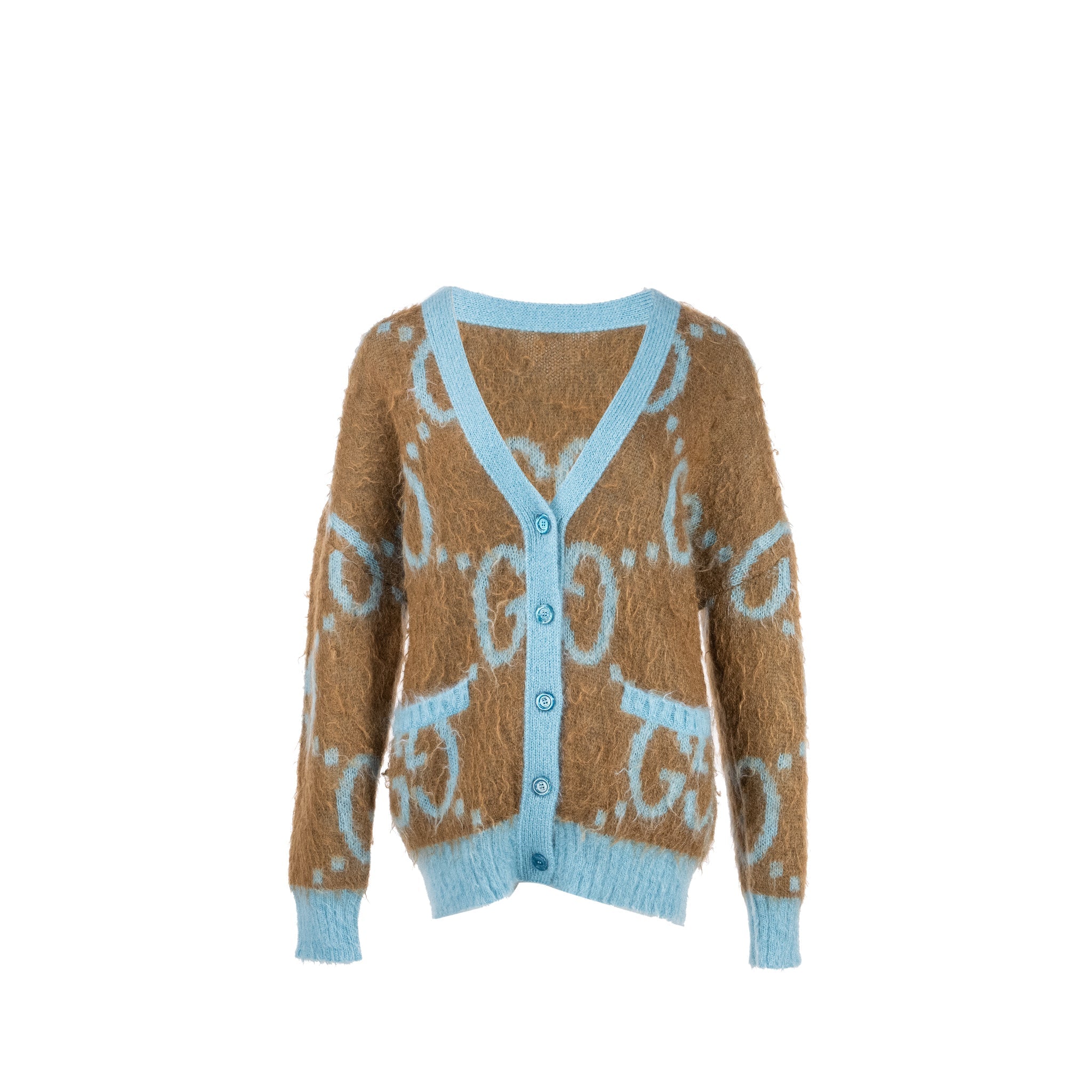 Gucci Size S Reversible GG igan Mohair/Polyamide/Wool Light Blue/Brown