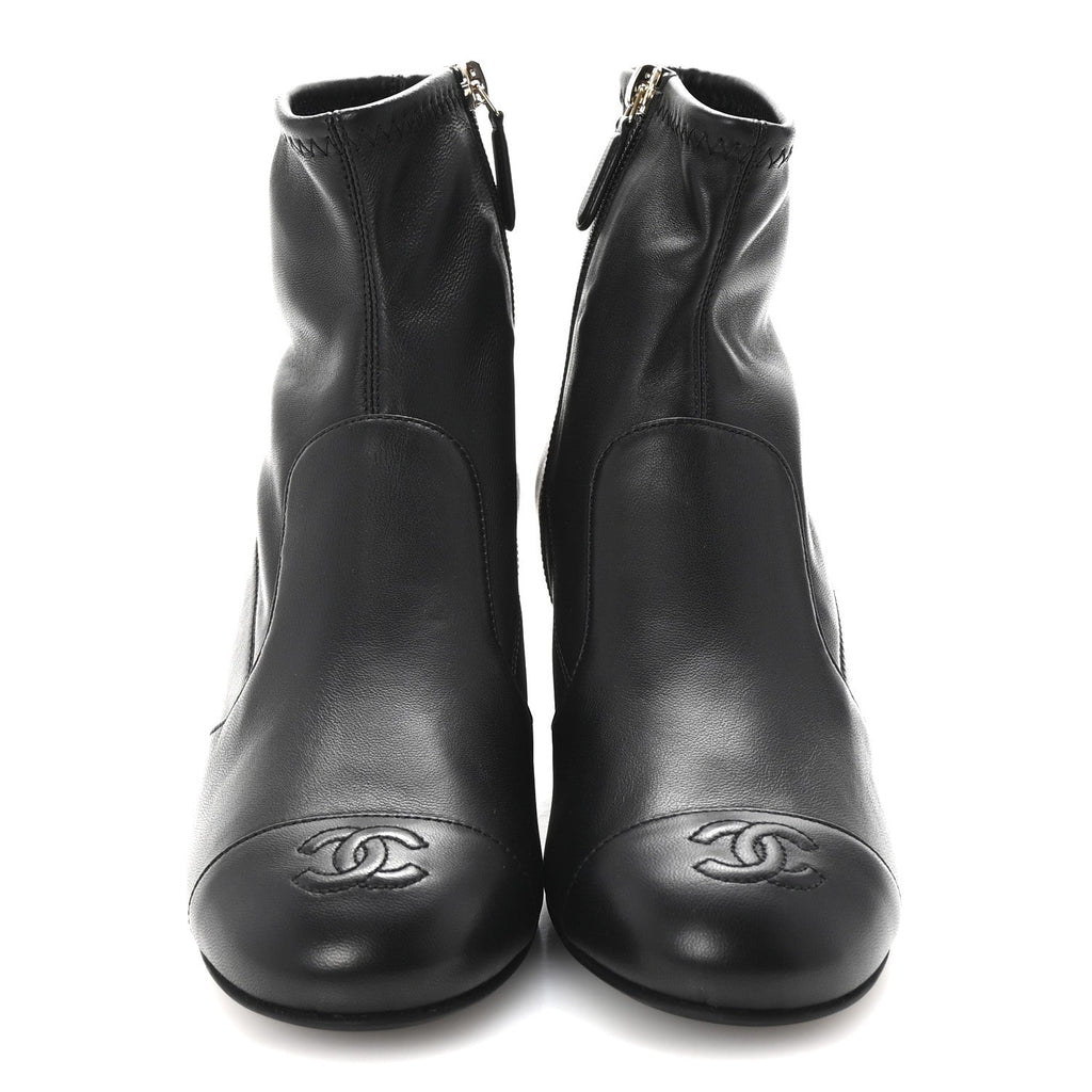 Stretch Lambskin Cap Toe CC Short Boots 37.5 Black